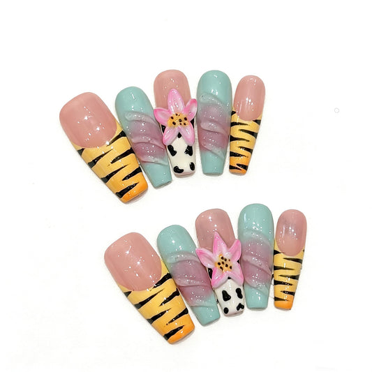 Press on Nails Long Square - 3D Design Lotus Flowers & Zebra French Tip, with Animal Print and Glossy Finish (M)