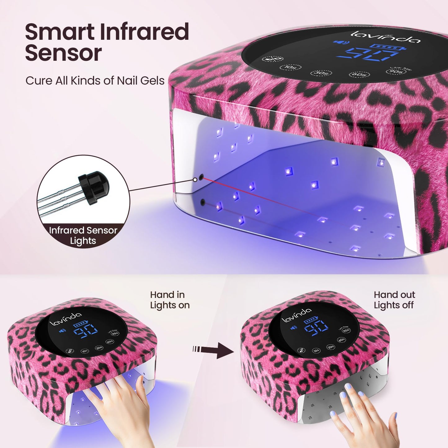 Lavinda Cheetah Nail Lamp, UV Light for Gel Nails Cordless UV LED Nail Lamp Lampara Led para Uñas Profesional with 4 Timer Settings Auto ON/Off Sensor for Salon Home Nail Technician - Pink