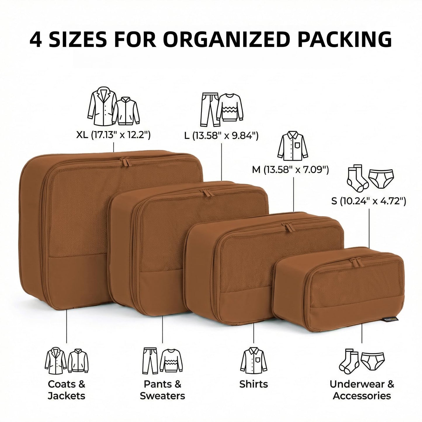 SOARSAIL 4 Piece Compression Packing Cubes for 3–7 Day Travel, Lightweight Travel Organizers with Breathable Mesh, Double-Zipper Packing Cubes for Carry-On & Suitcases (Light Brown)