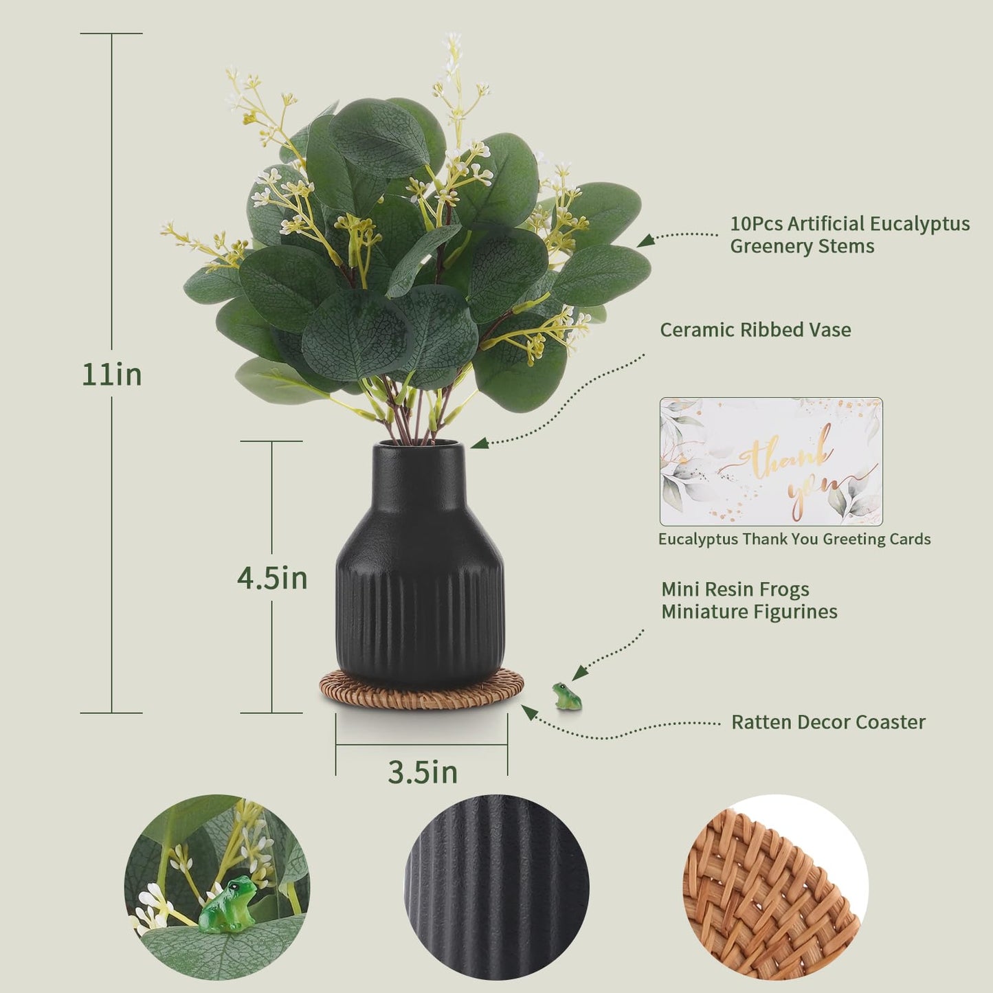 Artificial Eucalyptus Greenery Stems in Ceramic Vase,10Pcs Fake Plants Eucalyptus Leaves faux Plants for Centerpiece Table Decorations Home Room Decor office desk decor Greenery Decor indoor (Black)