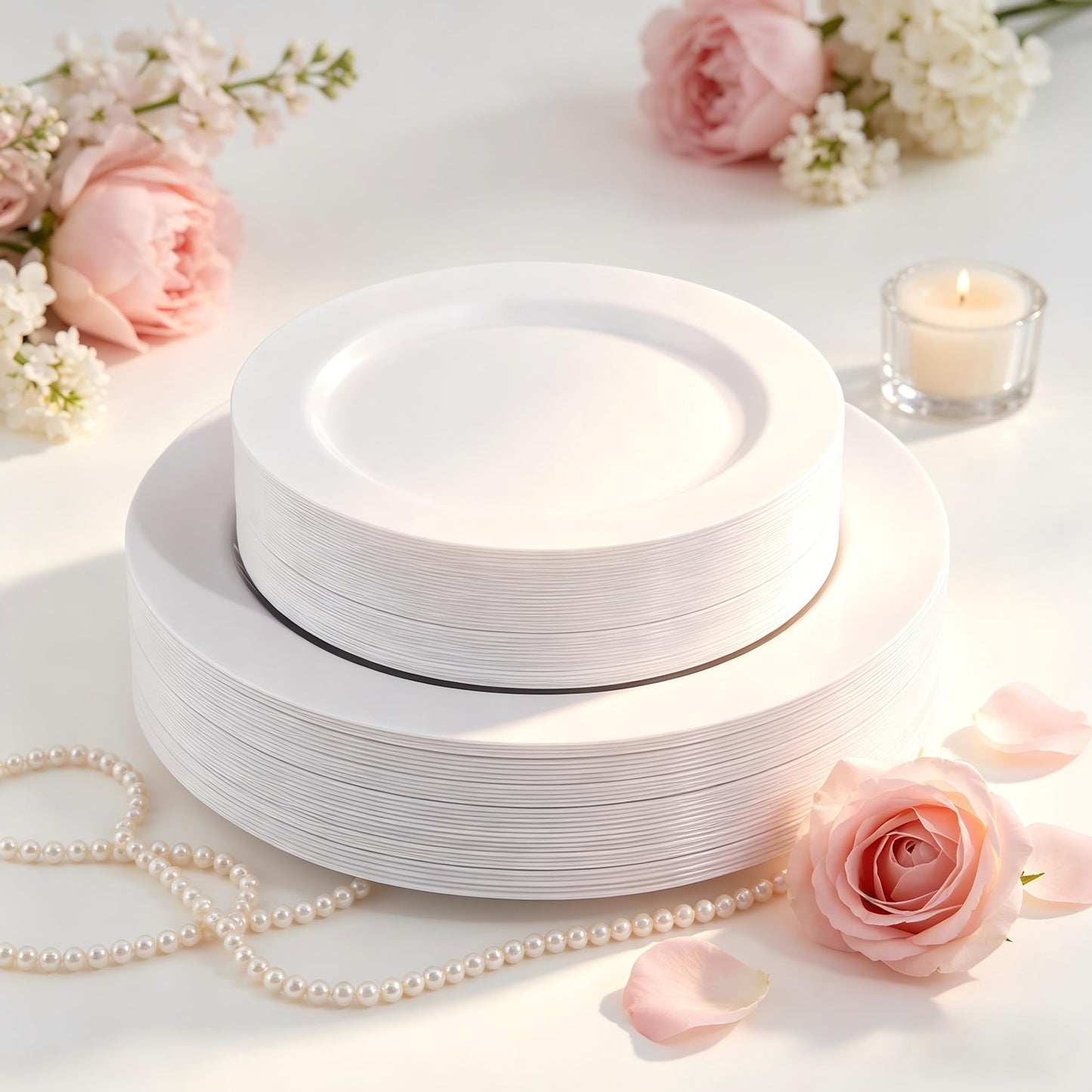 FLOWERCAT 60PCS White Plastic Plates - Heavy Duty White Disposable Plates for Mother's Day/Birthday Party/Wedding -serve for 30 guests Include 30PCS 10.25" & 30PCS 7.5" Plates for Party