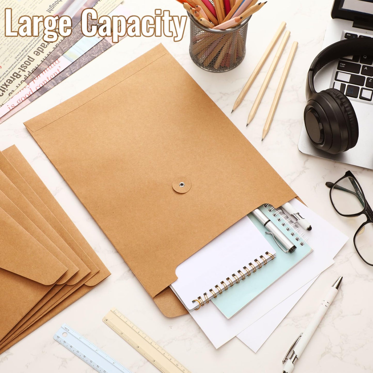 Feifeiya 10 Pack Kraft String Envelope File Folder Brown A4 Letter Size Brown Paper Folders 12.2 x 9.2 Inch Project Pockets File Jacket Document Organizer with String Button Closure(Vertical)