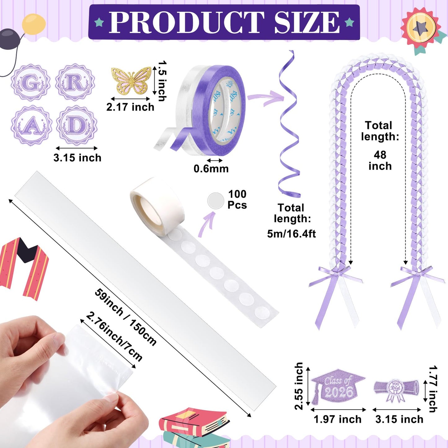 Spakon 19 Pcs Graduation Leis 2026 Graduation Candy Lei Kit Class of 2026 Ribbon Double Lei Necklace Party Accessories(Purple)
