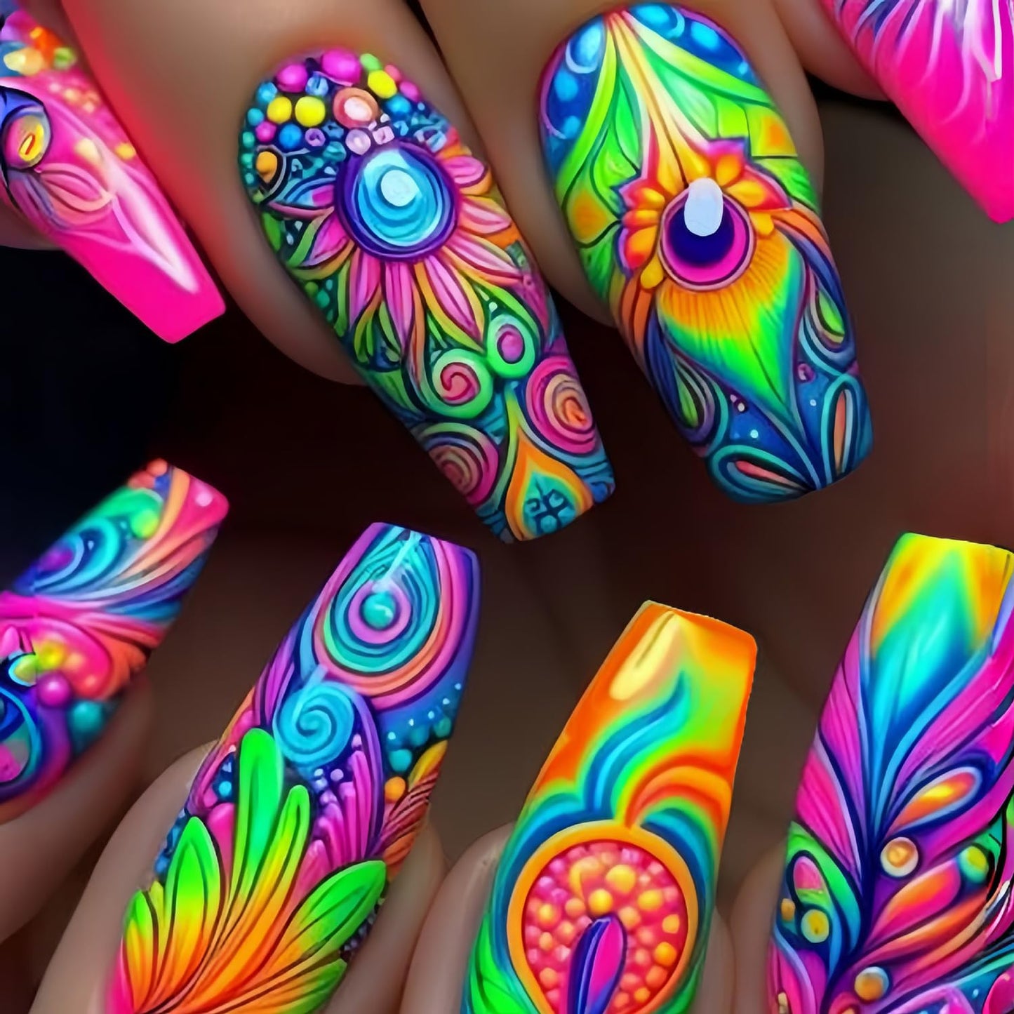 CJDLTS 24Pcs Press on Nails Long Length Colorful False Nails Peacock Feather Pattern Design Press Nails Full Cover Coffin Nails Artificial Acrylic Glue on Nails Ballet Shaped Stick on Nails for Women