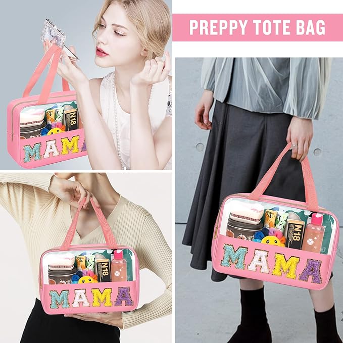 Chenille Letter Clear Makeup Bags Mama Tote, Preppy Patch Makeup Bag Zipper with Handle, Waterproof PVC & Nylon Portable Glitter Large Cosmetic Travel Toiletry Storage Bag for Women Girls(MAMA-Pink)