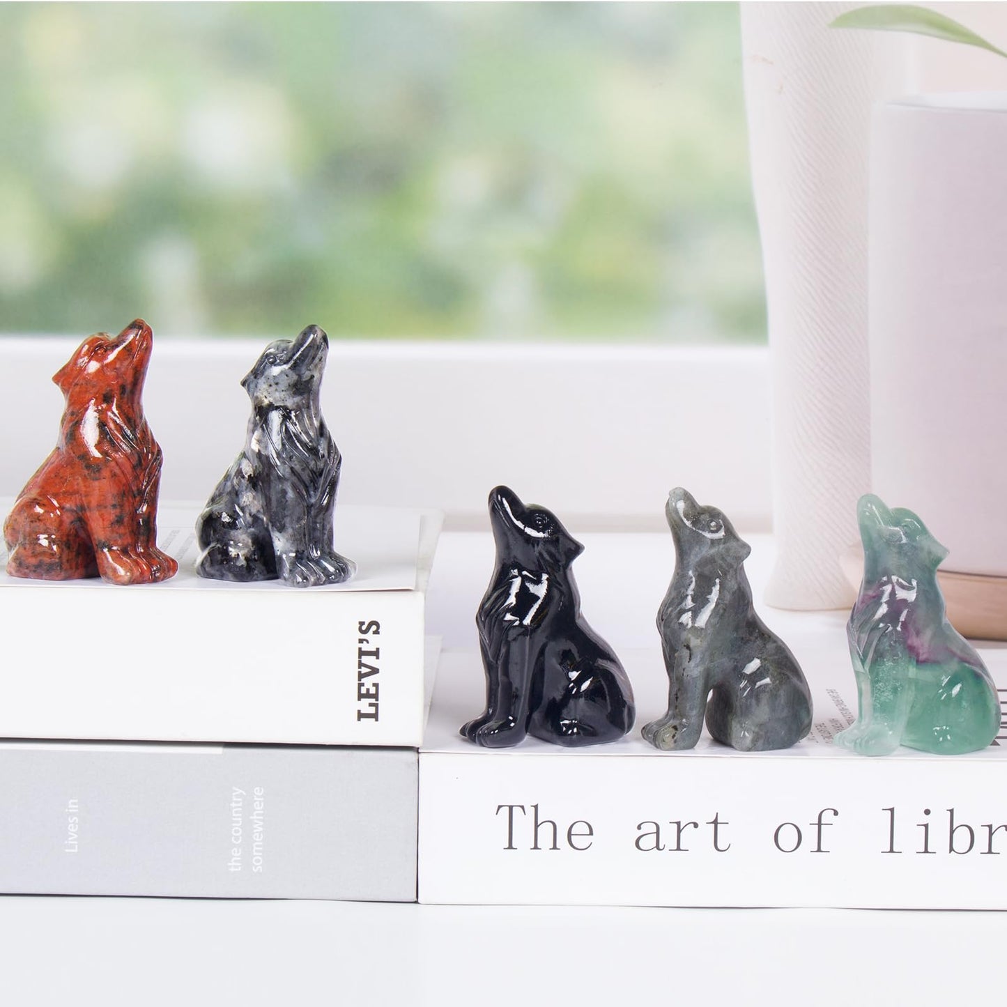 Ytbeoxk 2 Inch Shimmer Stone Wolf Crystal Statue Wolf Decor Healing Crystal Wolf Figurines Hand Carved Stone Energy Gemstones for Luck Statue in Home and Office Meditation