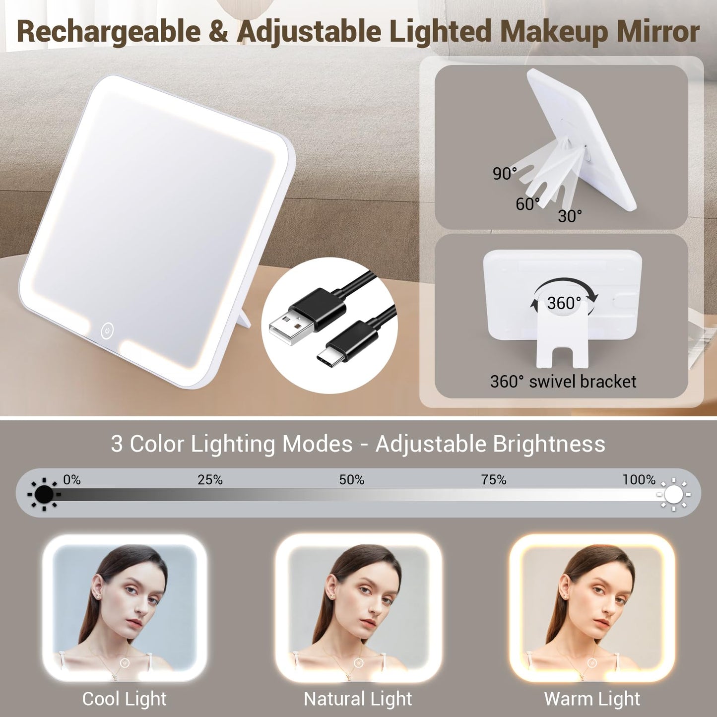 Aiborke Travel Makeup Bag with Led Mirror Make up Case with Lighted Mirror Cosmetic Organizer bag with Adjustable Dividers and 5X Magnifying Mirror Makeup Box Organizer Vanity Case for Women (Beige)