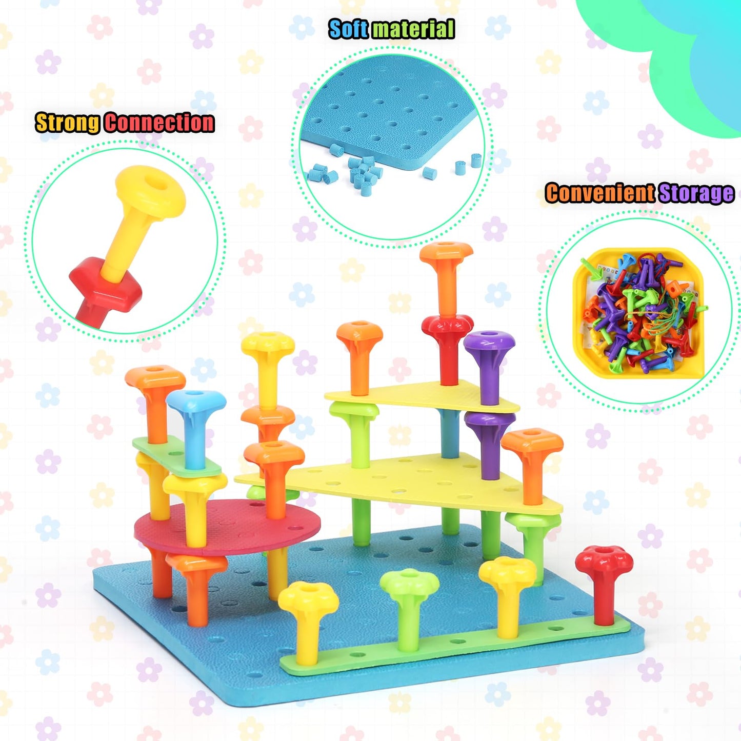 Peg Board Toy set 73Pcs DIY Building Stacking Toys for Kids 3-6 Years Old,STEM Educational Kids Toy for Brain Development,Montessori Sensory Toys,Upgrade Various Foam Board Plastic Lacing String Game