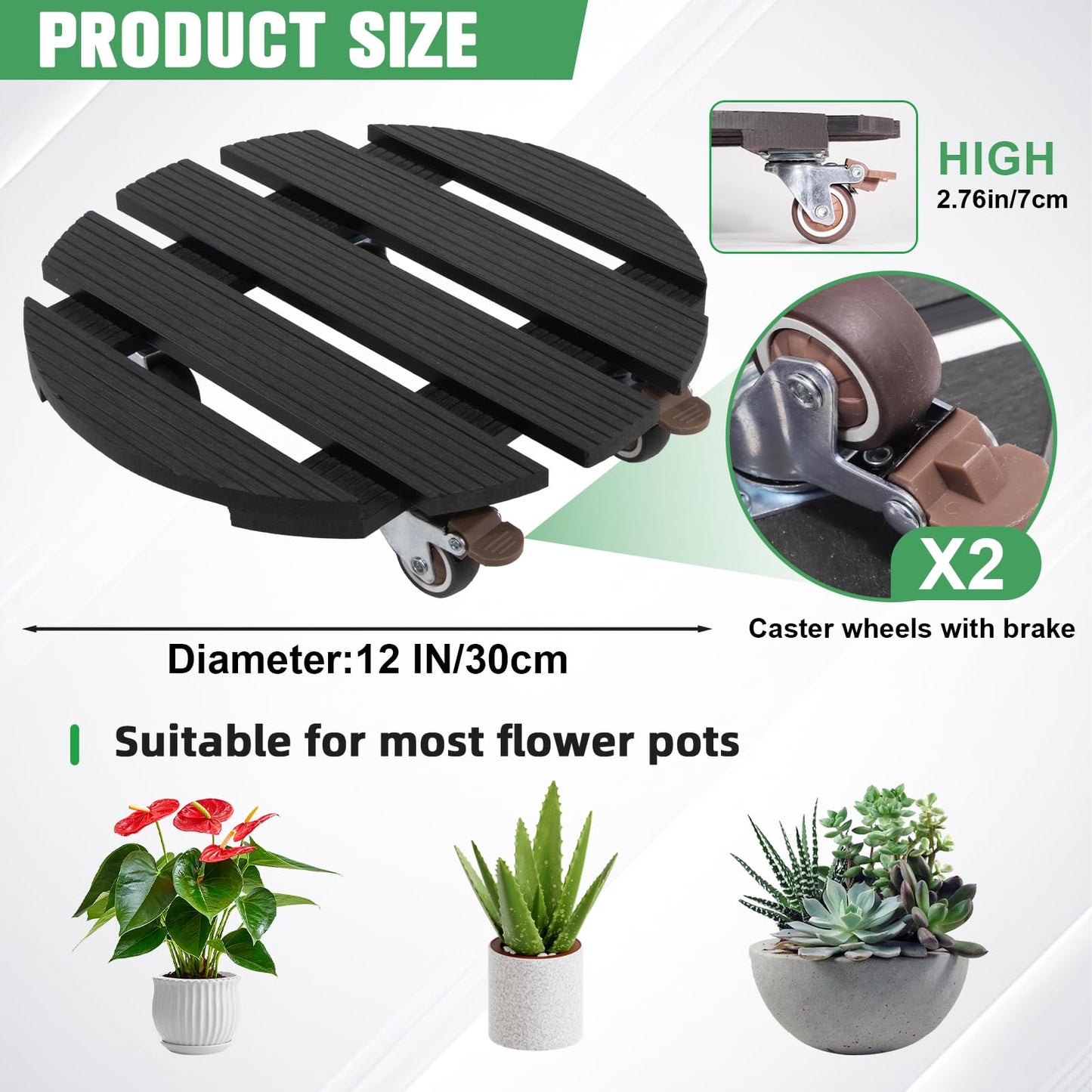YOULITE Plant Caddy with Lockable Rubber Casters, 12 Inch Round Wood Plastic Composite Planter Stand, Heavy Duty 200 Lbs Capacity for Indoor & Outdoor Plants (Black, Round)