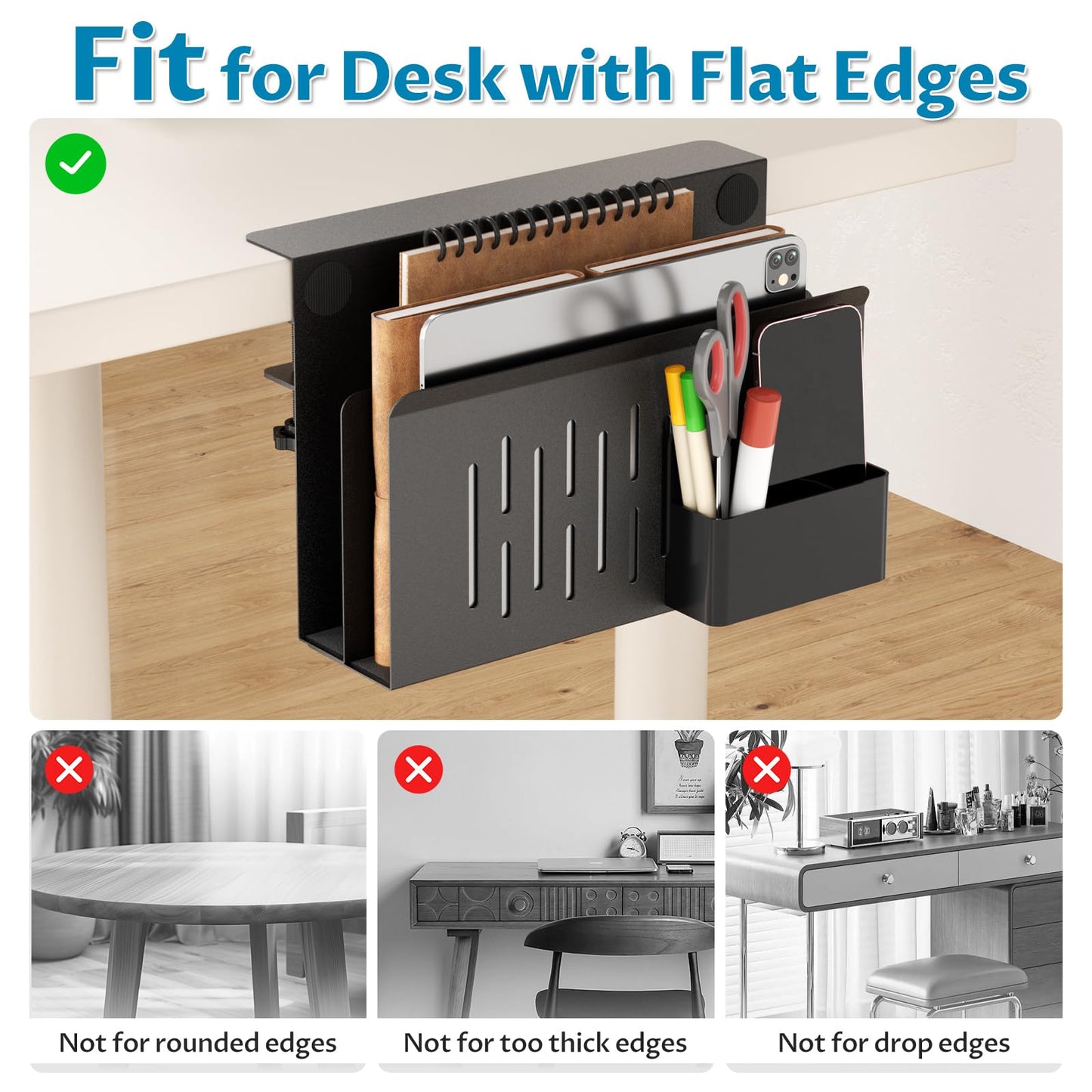 Onemake Desk Side Storage, 2-Tier No Drill Laptop Holder, Clamp on Desks Shelf with Magnetic Pen Holder, Hanging Desk Organizer for Home Office, Fits Flat Edge Tables 0.4" to 2.3"
