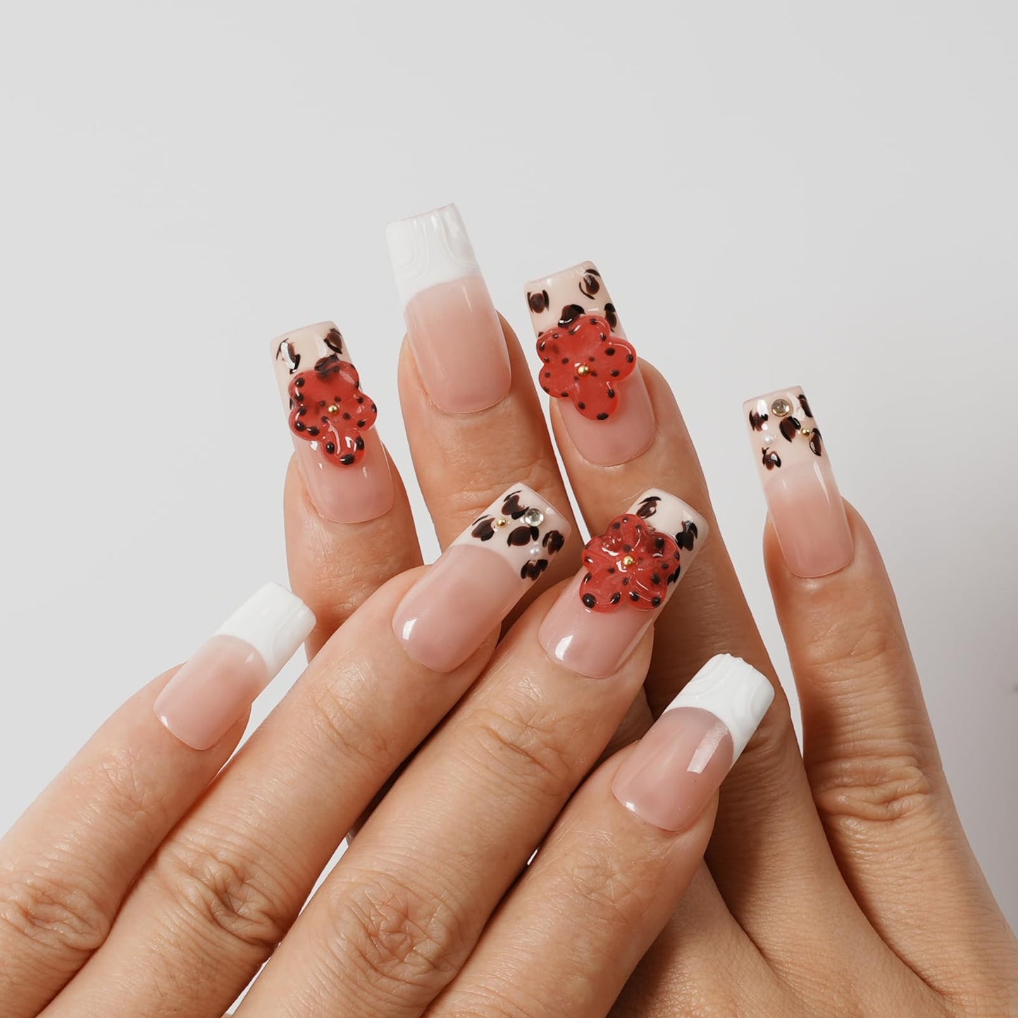 Tesytto Press On Nails Medium Square Red Flower Design, Handmade Acrylic Fake Nails with Leopard Print White French Tip, Reusable Glossy False Nails for Women Girls (Embossed French Leopard Bloom,M)