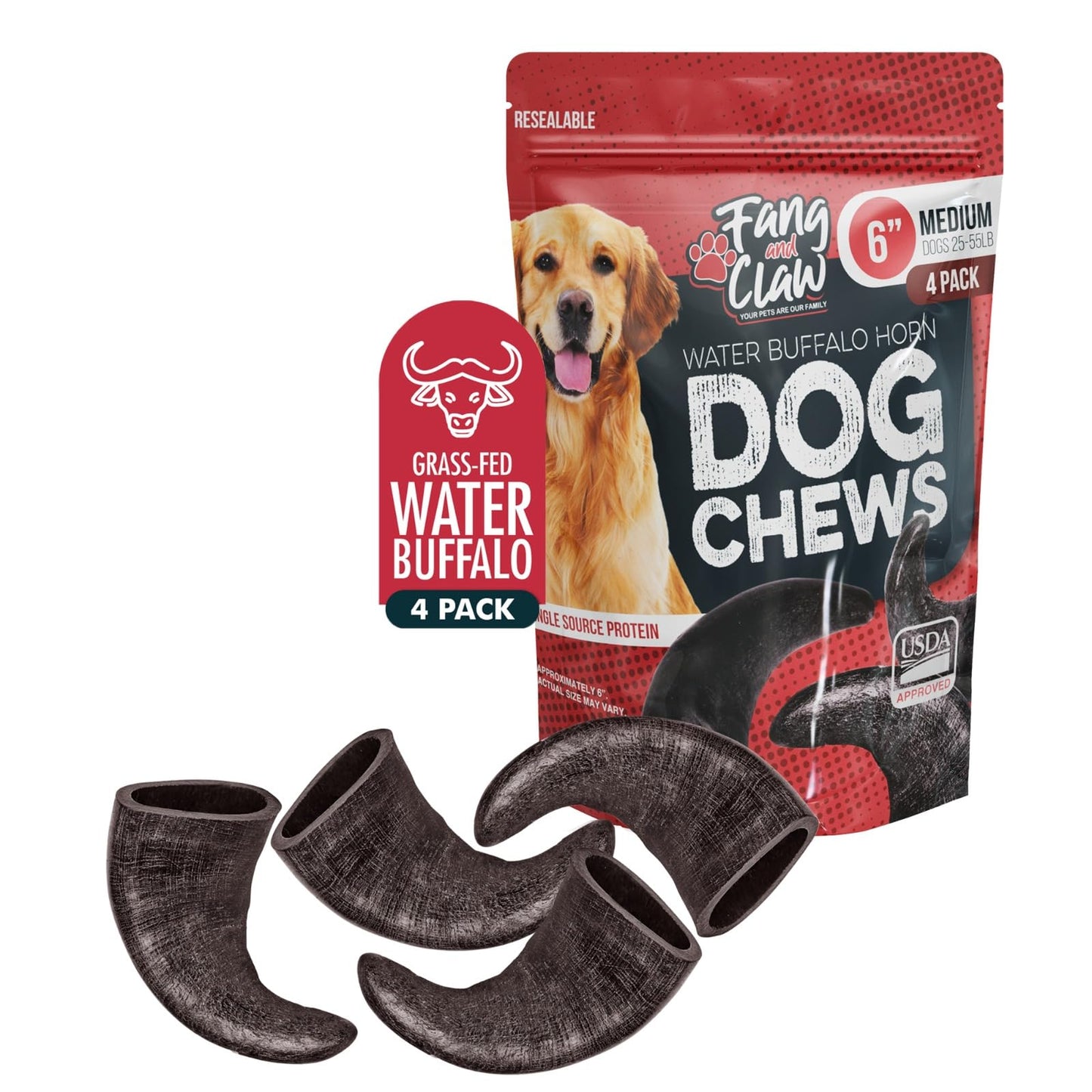 Fang and Claw Water Buffalo Horn Dog Chew 4 Pack (Medium 6 Inch), Long-Lasting Natural Chews for Aggressive Chewers, Single-Ingredient, No Rawhide