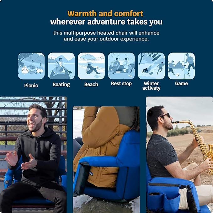 Alpcour Heated Reclining Stadium Seat for Bleachers – Wide Bleacher Chair with Back Support and Cushion, Armrests, Side Pockets, & Hook – Stadium Seats Chairs for Camping, Kayak, Paddle Board & More