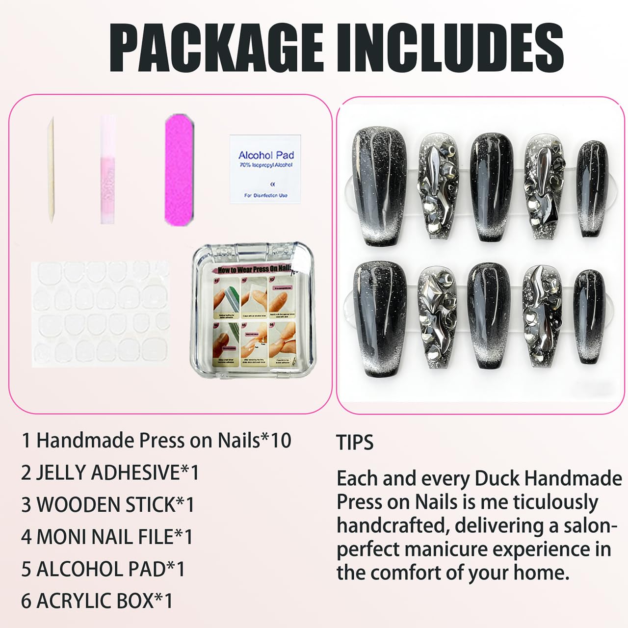 Handmade Press on Nails Square Black and White Cat’s Eye Decoration with a Starry Sky Pattern and Gemstones Acrylic Nails Press on Handmade Nails Luxury Press on Nails(M)