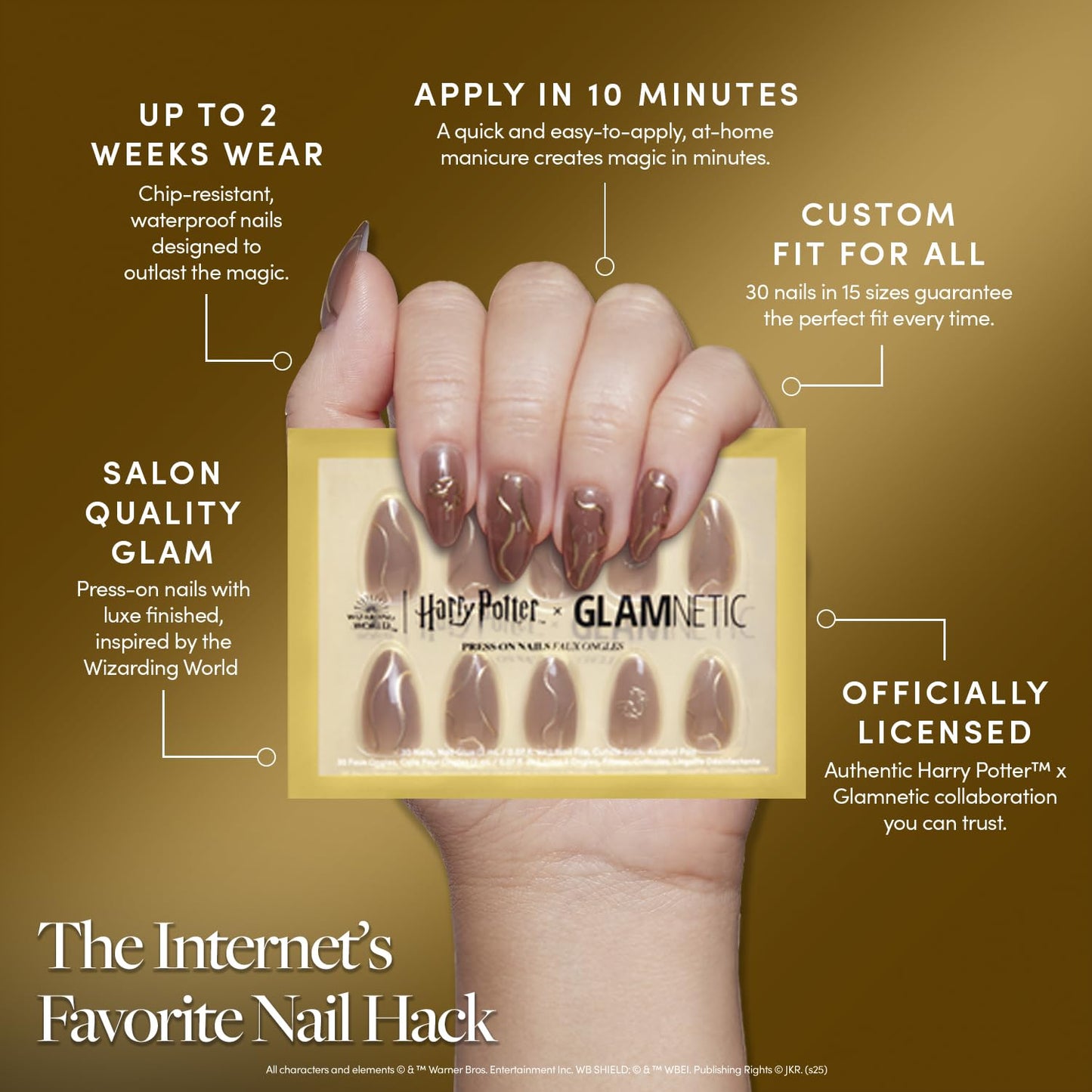 Harry Potter™ x Glamnetic Press On Nails - Golden Cup™ | Semi-Transparent Brown 3D Gold Graphic Short Almond Fake Nails in a Chrome & Glossy Finish | 15 Sizes - 30 Nail Kit with Glue