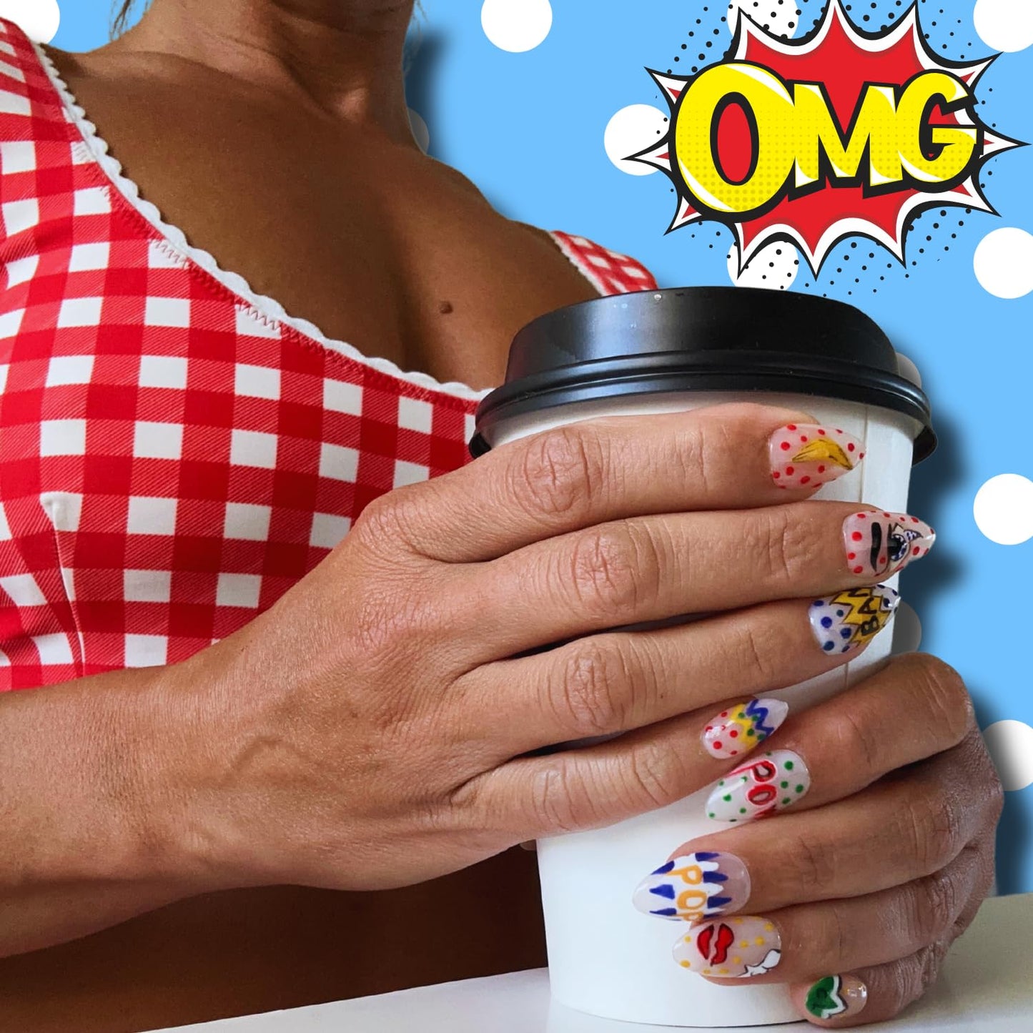 Handmade Press on Nails 3D Almond Fake Nails Clear Press on False Nails with Hand Painted Pop Art Design with French tips Fall Nails for Women 10 PCS Handcrafted - Pop Art Collection - (Small)