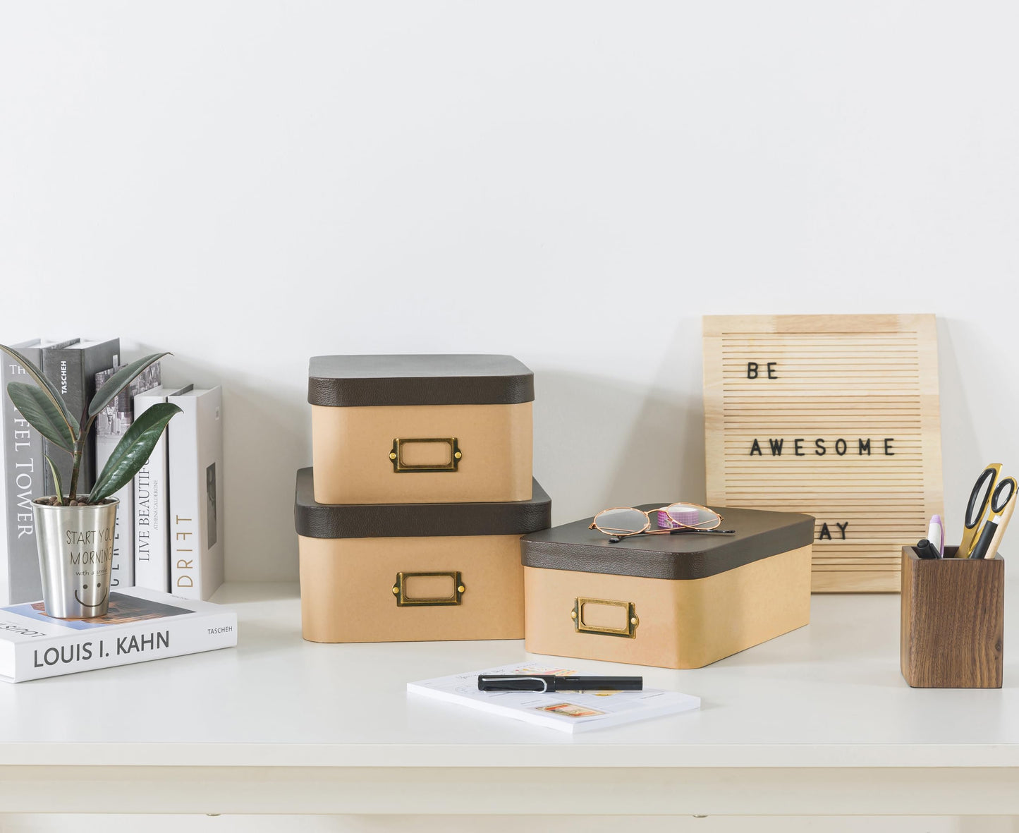 Soul & Lane Kraft Decorative Boxes with Buffalo Leather Lids - Set of 3, Cardboard Memory Boxes for Keepsakes with Bronze Label Holders, Perfect for Home and Office Decor and Organizing