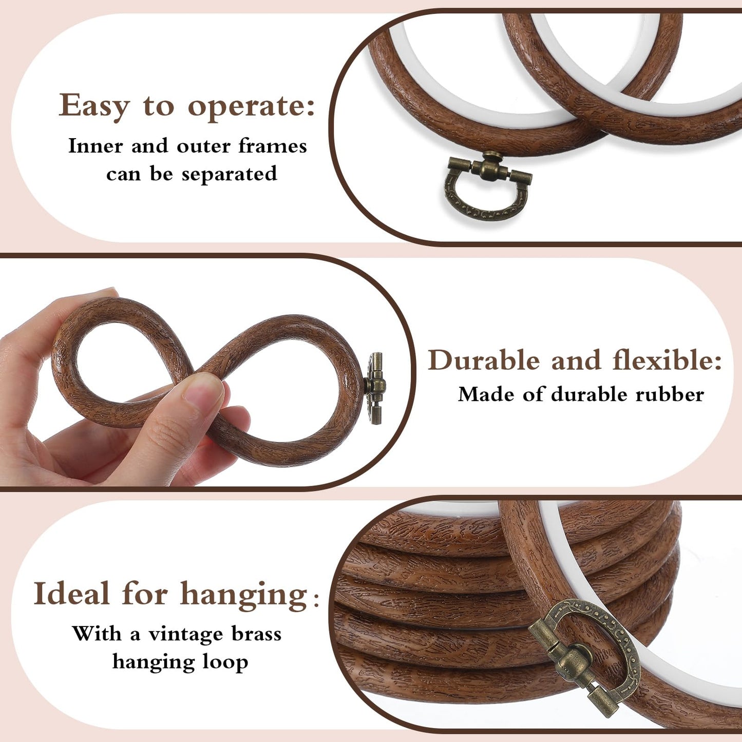 16 Pcs 3 Inch Round Embroidery Hoop, Circle Rubber Decorative Embroidery Hoop Frames for Display, Imitated Wood Cross Stitch Ornament for Christmas Craft Sewing DIY Hanging Gifts