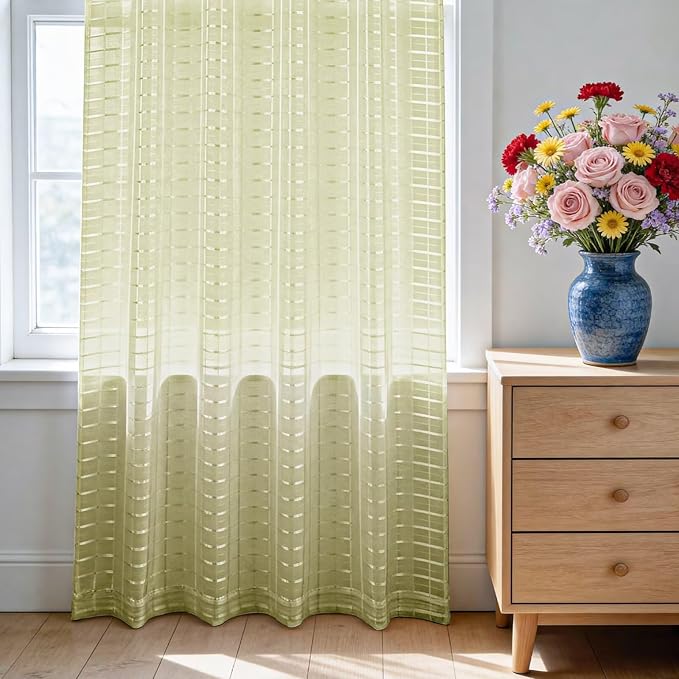 SpaceDresser Check Sheer Curtains 108 Inches 2 Panels Set, Rod Pocket Plaid Window Curtain for Living Room, Sage Green Semi Sheer Drapes for Kitchen Bedroom Children Room Yard（Sage Green, 52W x 108L）