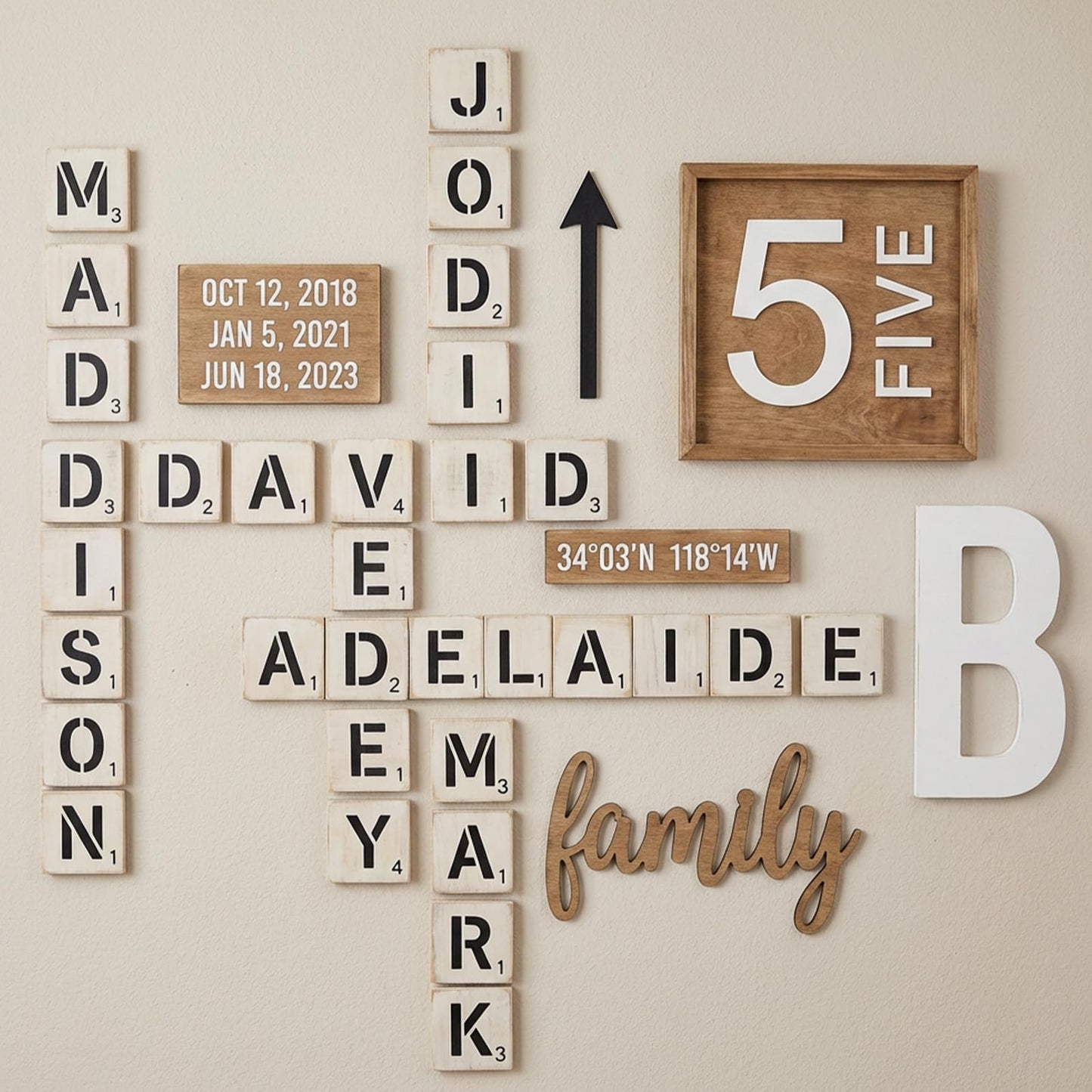 36pcs 5 Inch Wooden Squares for Crafts, 30 Large Letter Stencils Custom Stencil Set, Letters for Wall Decor, Tiles for Crafts, Unfinished Wooden Letters for Painting Home Farmhouse