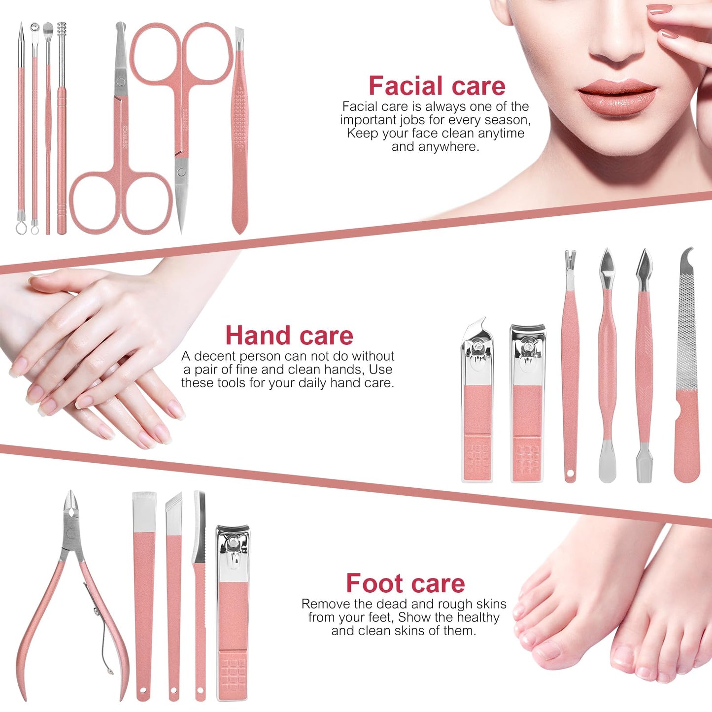 KADS Manicure Set 18 in 1 Professional Pedicure Set Nail scissors Grooming Clipper Kit with Leather Travel Case Pink