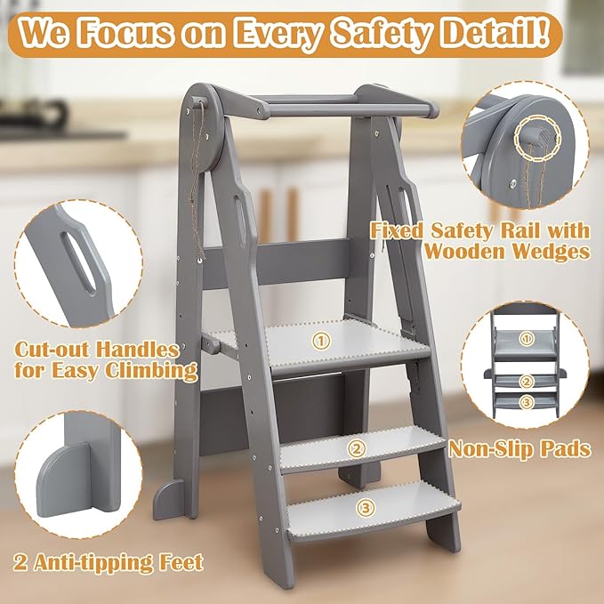 FUNLIO Foldable Kitchen Step Stool for Kids 2-6 Years, Montessori Step Stool, 3-Level Height Adjustable Standing Tower, Easy to Assemble, CPC & CE,Grey