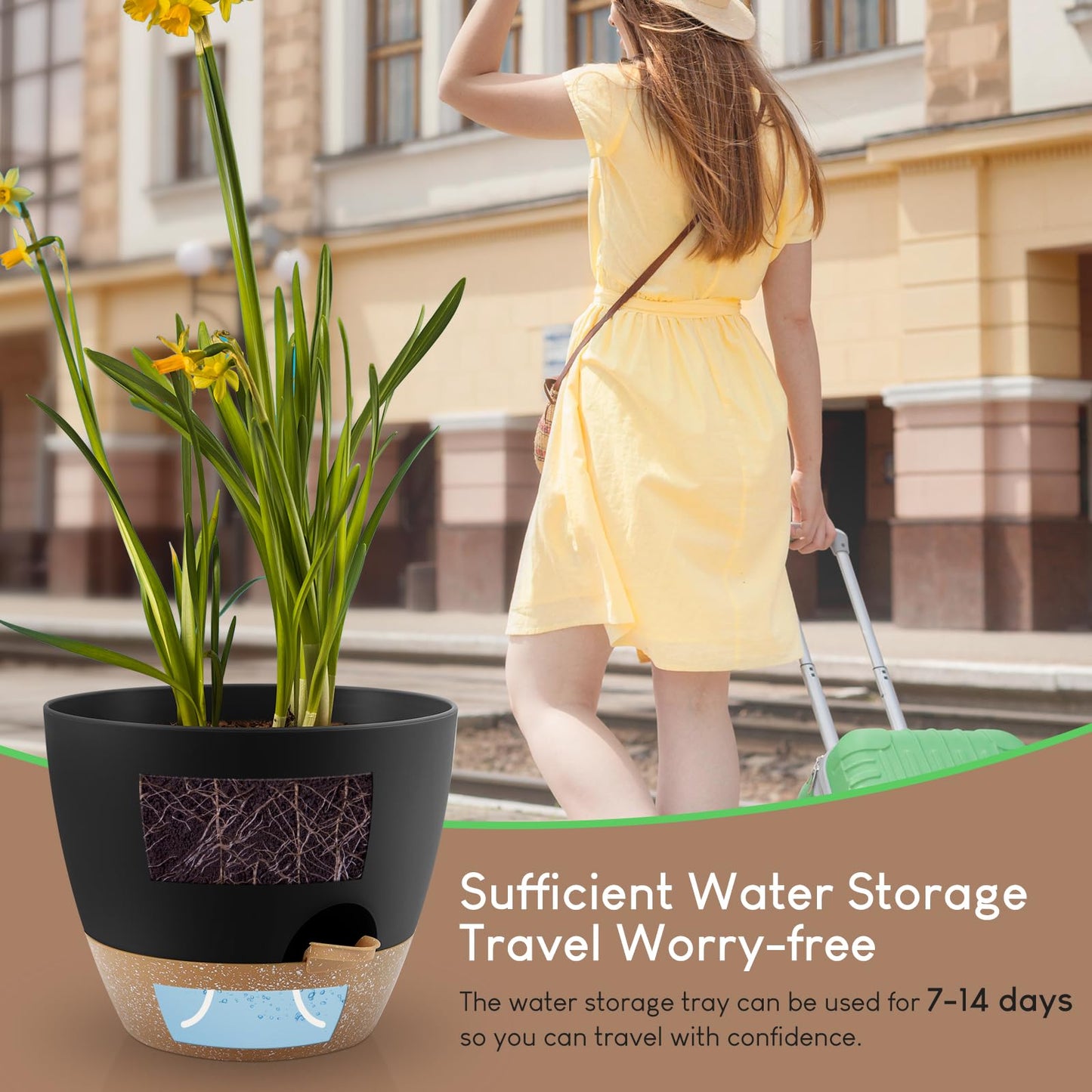 YNNICO Plant Pots 10/9/8/7.5/7 inch, Self Watering Planters with Drainage Holes & Saucers for Indoor and Outdoor Plants (Black)