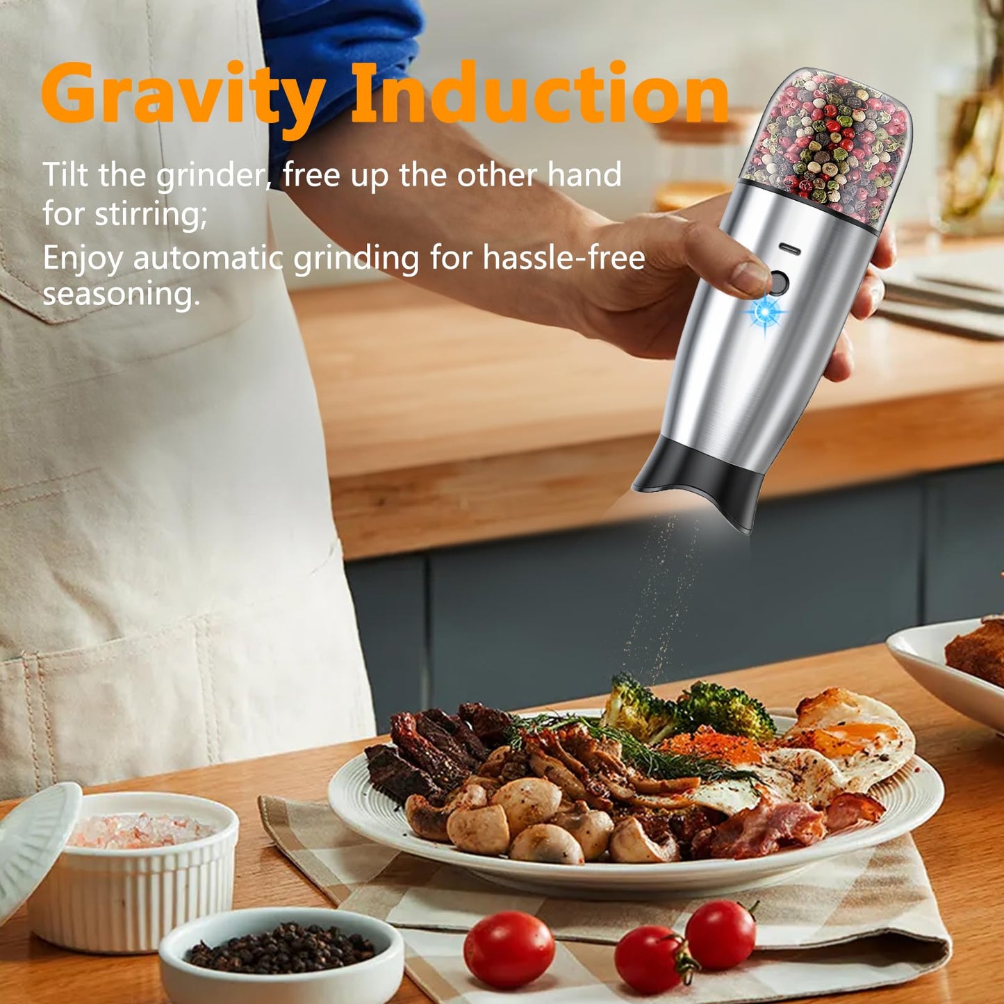 Electric Salt and Pepper Grinder Set, Rechargeable Automatic Pepper Mill Grinder with LED House Warming Gifts New Home, USB Adjustable Coarseness shakers, One-Hand Operation for Kitchen Appliances