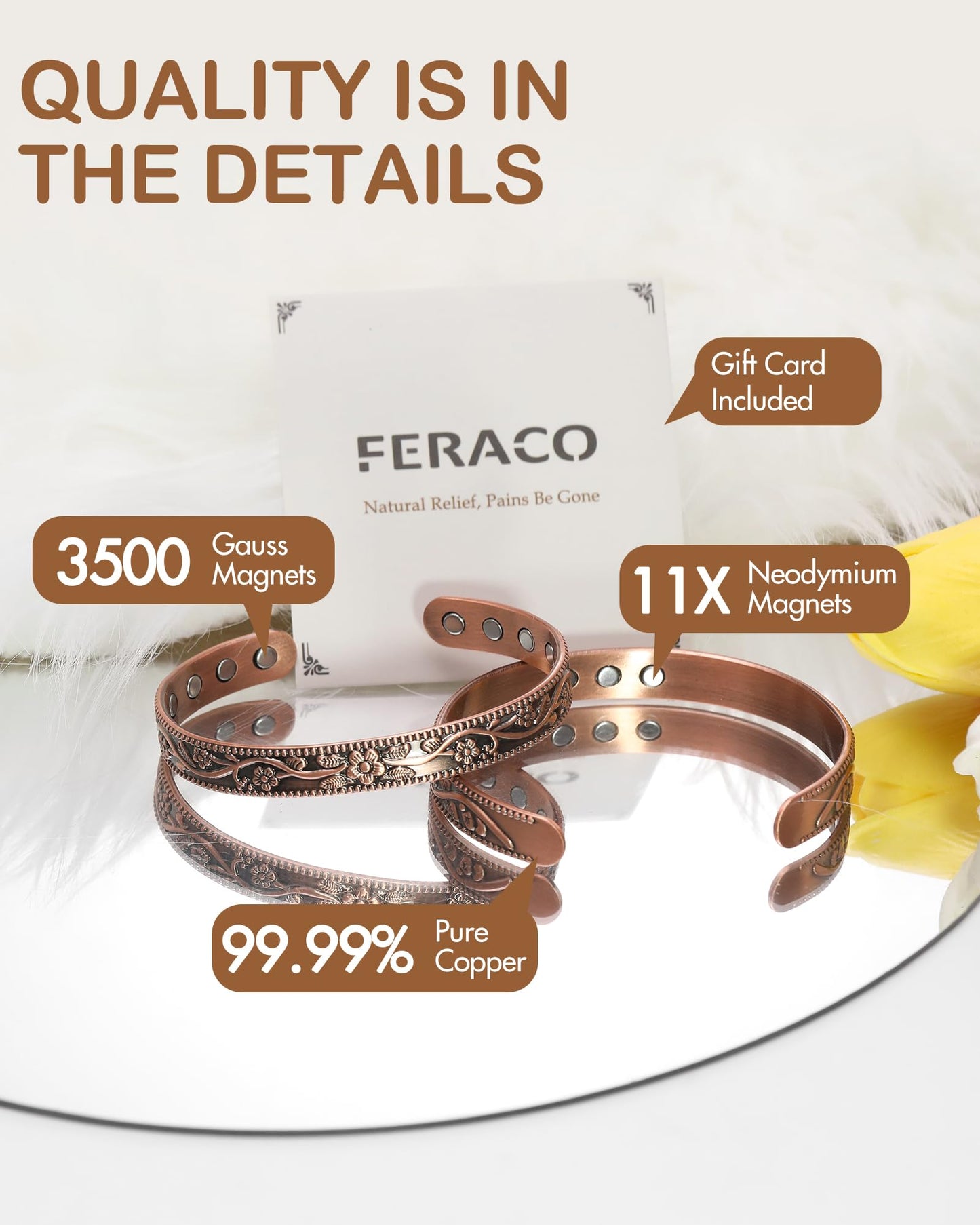 Feraco Copper Bracelet for Women, Ultra Strength Magnetic Bracelets, 99.99% Pure Copper Cuff Bangle with 3500 Gauss Neodymium Magnets, Adjustable