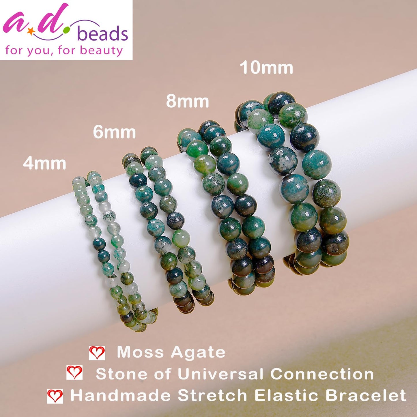 AD Beads Handmade Gemstone Stretch Elastic Bracelet Crystal Healing Reiki Nature's Beauty and Spiritual Essence Unisex (10mm, Moss Agate (Universal Connection))