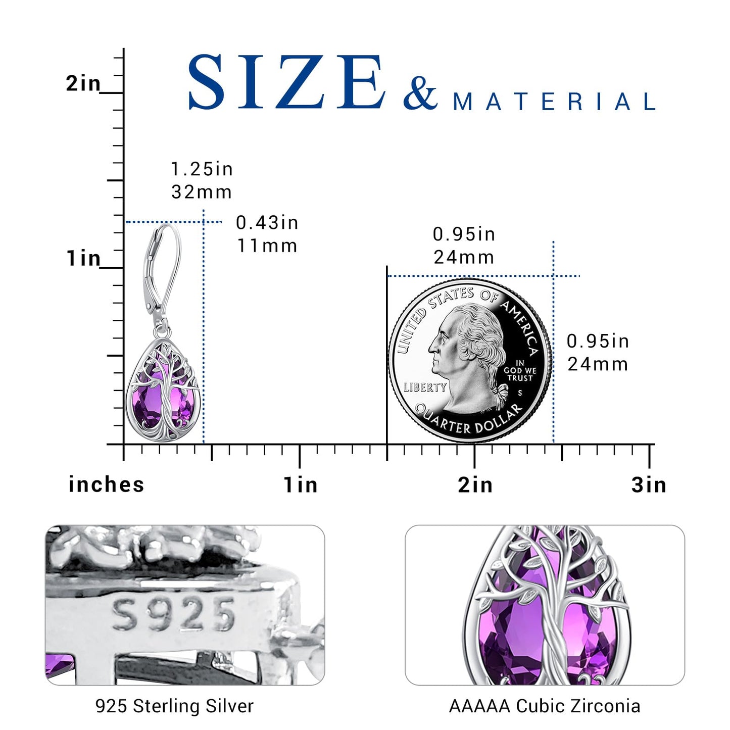 Eusense Tree of Life Earrings Sterling Silver Birthstone Teardrop Dangle Amethyst Earrings for Women Leverback Tree of Life Jewelry