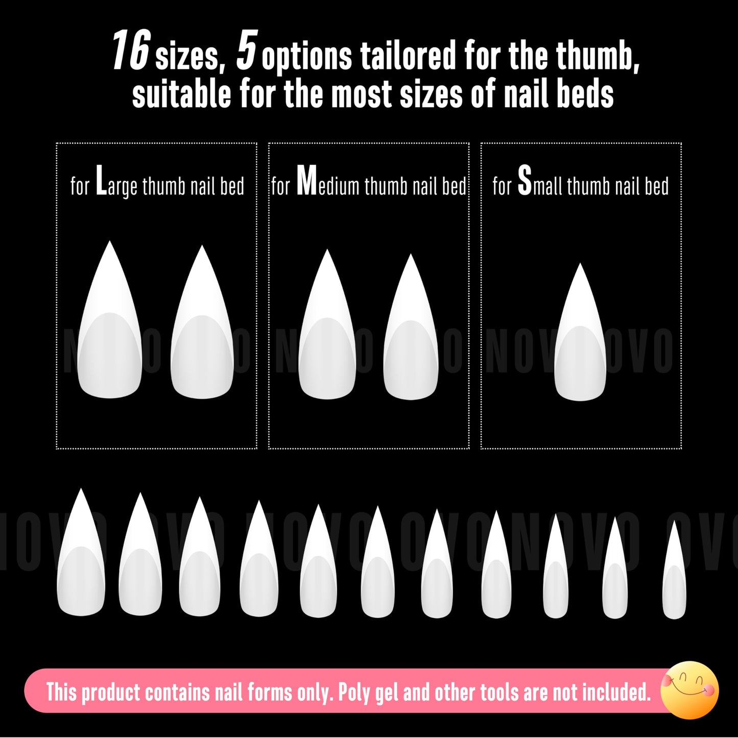 NOVO OVO Medium Long Sharp Stiletto Nail Tips (White French Tip) -Milky White Nude Soft Gel Press Ons, Pre-Designed Full Cover Fake Nails for Instant Salon Manicure, 16 Sizes (160 Pcs)