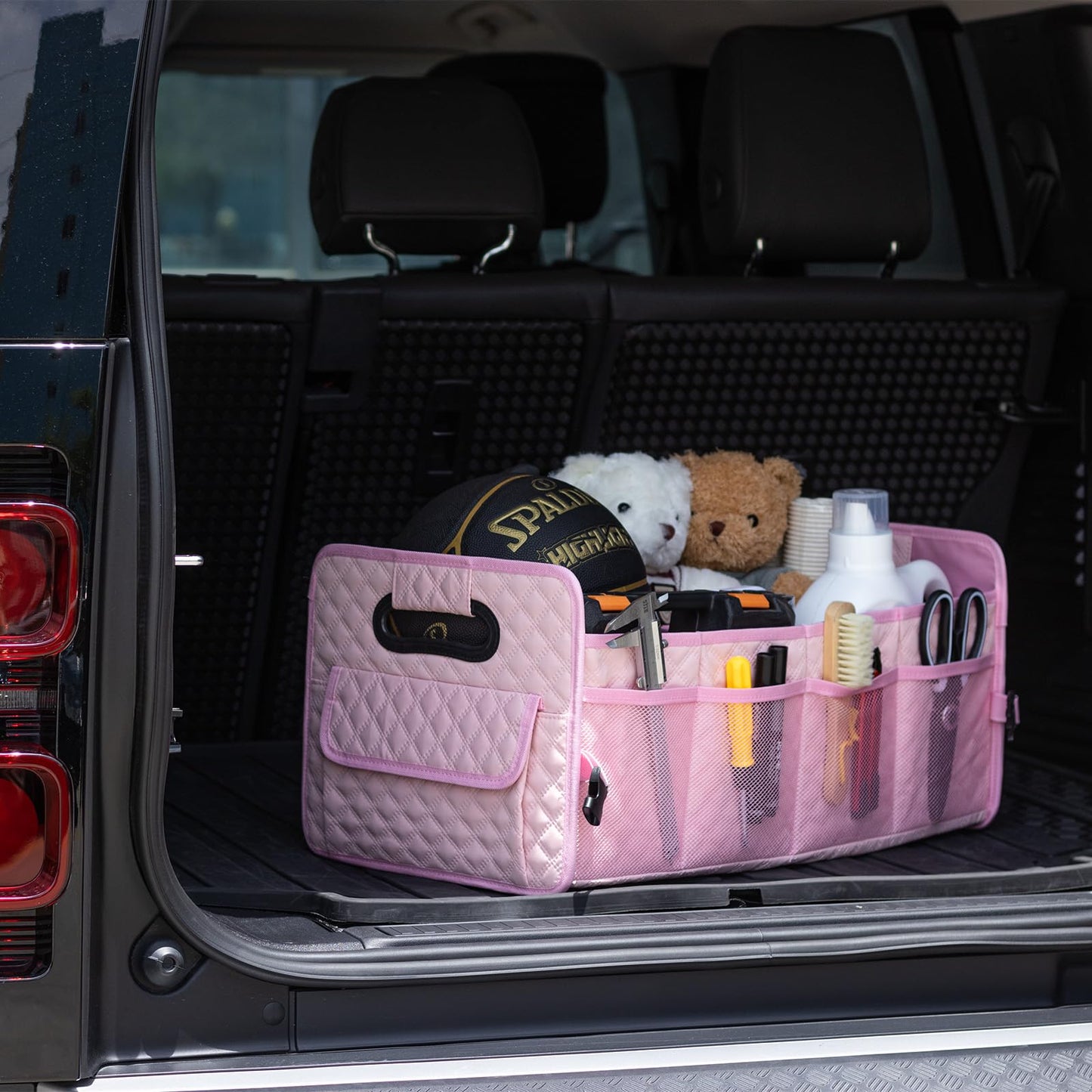 JiatuA Car Trunk Organizer for SUV, Car Storage Organizer Collapsible Multi Compartment Container Box, Adjustable Car Accessories for Women/Men, Pink