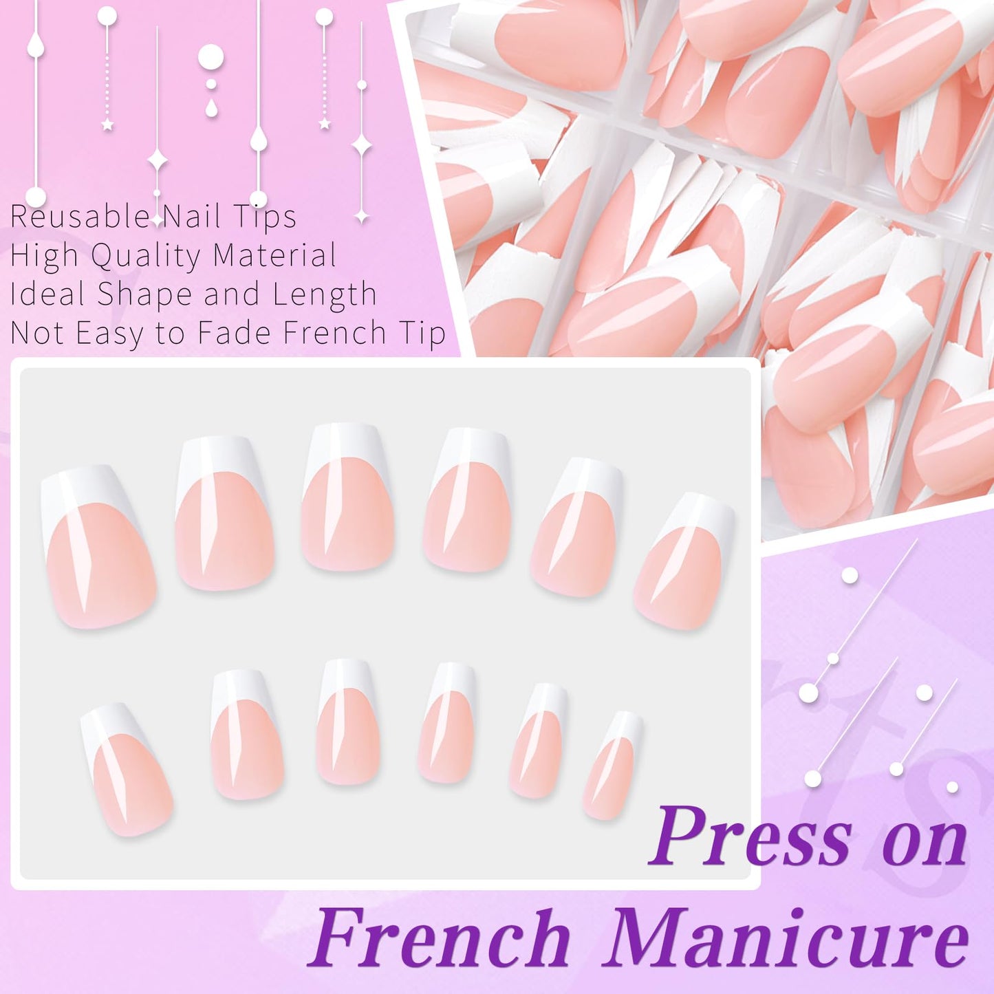 Lifextol 240pc French Tip Press on Nails Medium Fake Nails with Glue and Adhesive Tab, False Acrylic Nails Press on Nails Coffin Nail Tips Artificial Glue on Nails Press ons Fingernail Stick on Nails