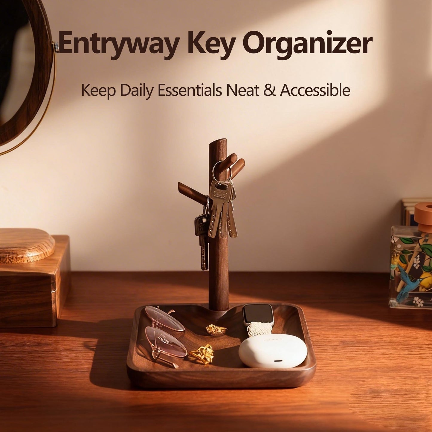 LIGNUMLOQU Solid Black Walnut Wooden Key Tray, Multi-Functional Key Bowl for Entryway Table, Key Holder Stand equipped with 3 Hooks, Wood Dish for Wallet,Watch,Mobile Phone and Jewelry Organizer