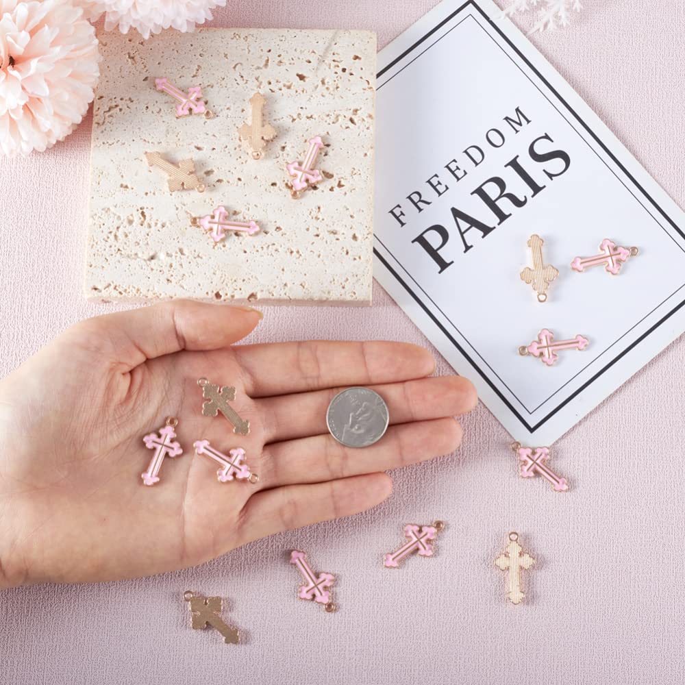 Mega Pet 100pcs Alloy Enamel Cross Pendant Charms Pink Metal Tiny Crucifix Flatback Dangle Charms Hang Ornaments 25x14mm for DIY Bracelet Necklace Jewelry Crafts Making Hole: 1.8mm