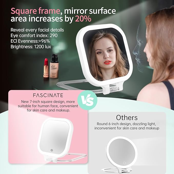 FASCINATE 20X Magnification Rechargeable Travel Makeup Mirror, 7" Lighted Portable Vanity Mirror with 3 Colors Lighting & Stepless Dimming, Double Sided LED Mirror, Gift for Women (White)