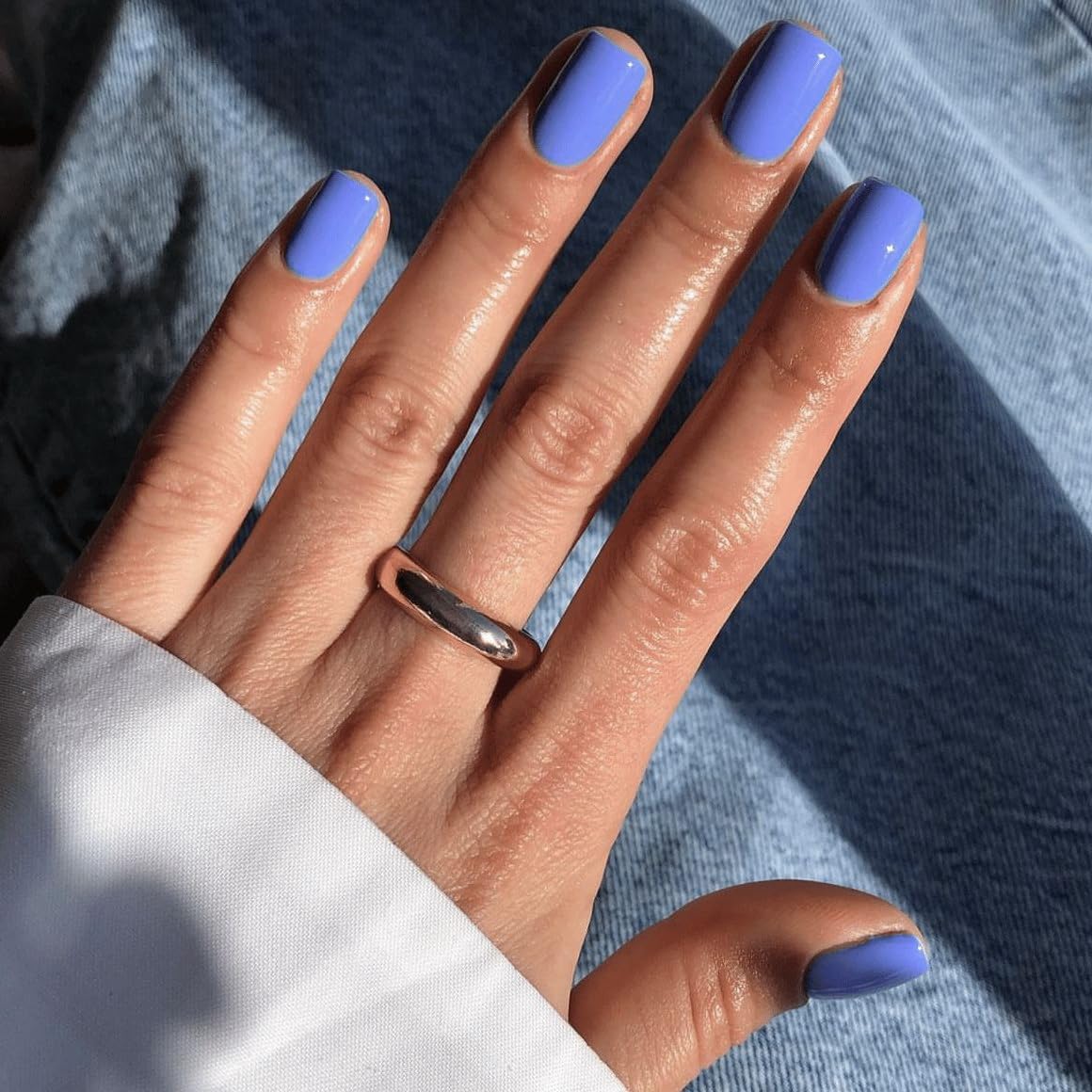 Sky Blue Press On Nails - Short Square, Soft Gel Glue On, 24pcs Reusable Acrylic Nails