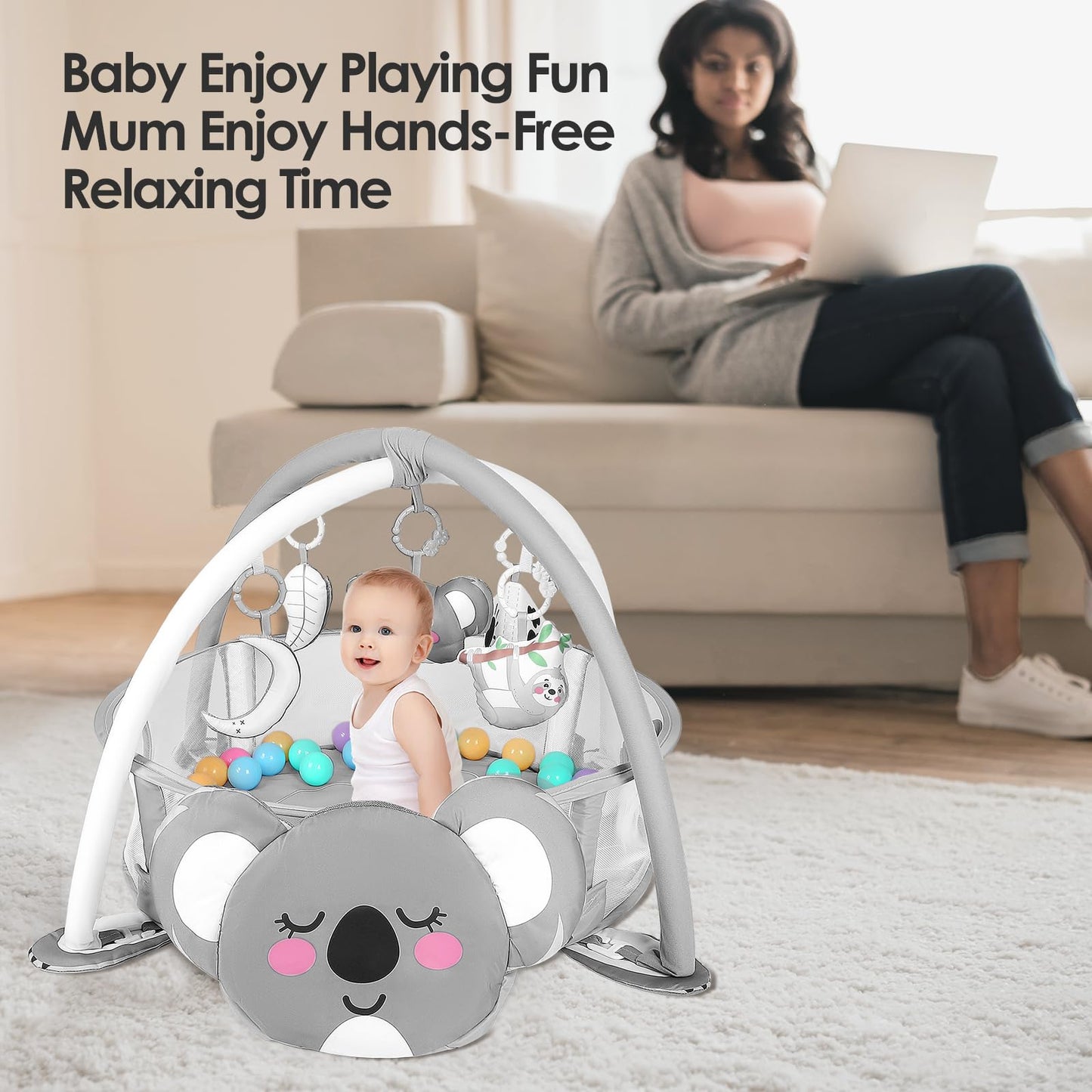 dearlomum 4-in-1 Baby Play Mat Baby Gym, Interactive Including 30 Balls with 5 Learning Toys for Newborn Toddler(Koala)