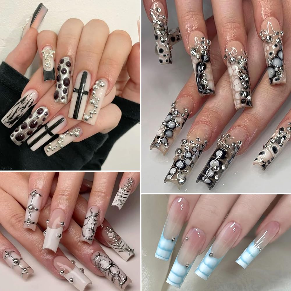 Silver and Gold Nail Charms and Gems, Mixed Sizes Half Round Flatback Stainless Steel Beads Metallic Caviar Beads Nail Rivets Studs Jewels with Tweezers Manicure Decorations DIY Crafts