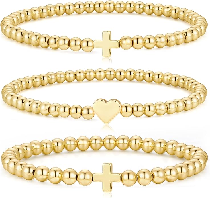 M MOOHAM Gold Beaded Bracelets for Women - 14k Real Gold Plated Beaded Pearl Bracelet Set Stack for Women Trendy Non Tarnisn, Adjustable Stretch Bracelet Jewelry Gifts for Teen Girls Women