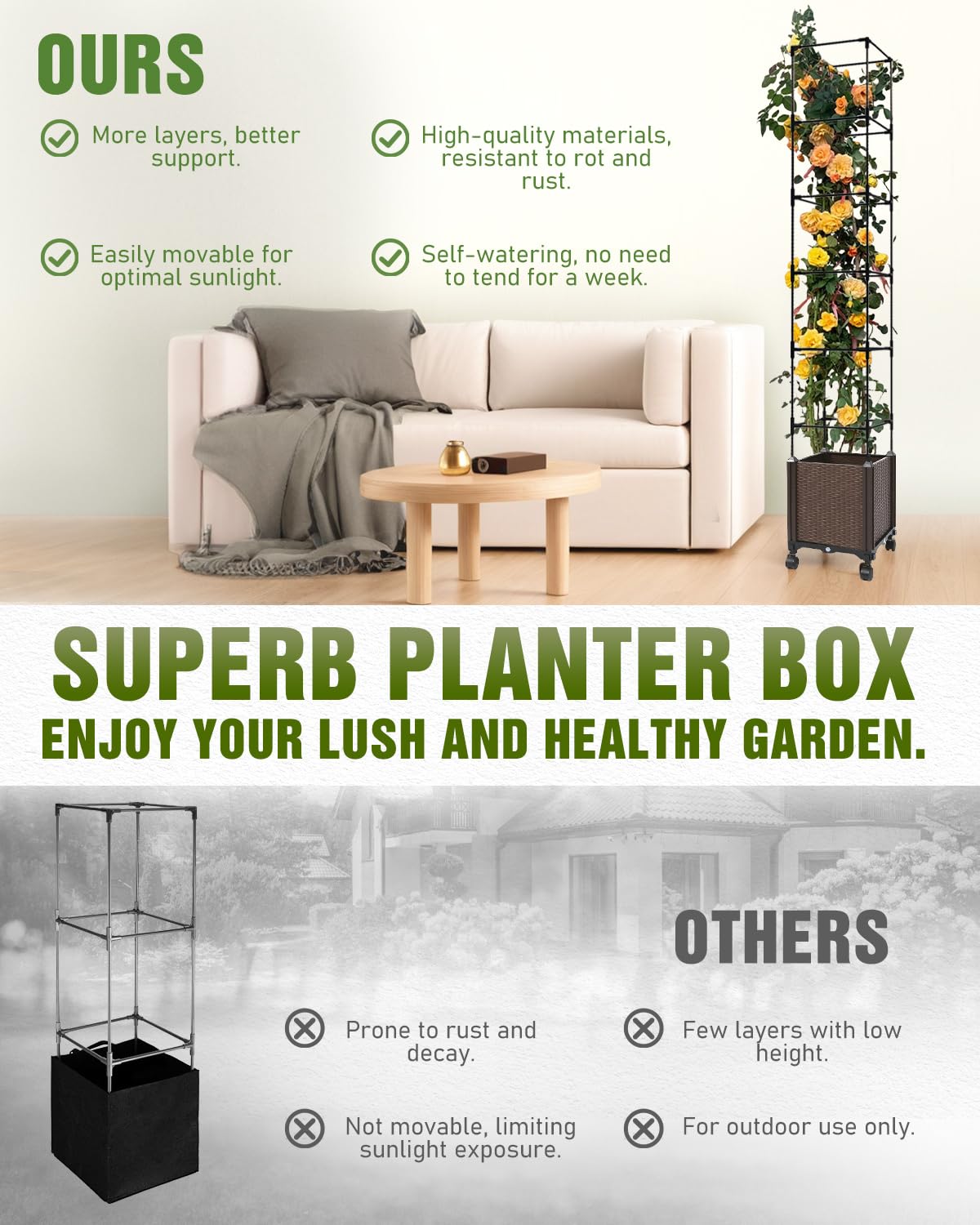 Jayhalo 71inch Planter Boxes Outdoor, 3-in-1 Planter Box with Trellis with Wheels for Growing Vegetables, 6 Layer Tomato Cage with Tomato Planters, Self Watering for Indoor Outdoor Use