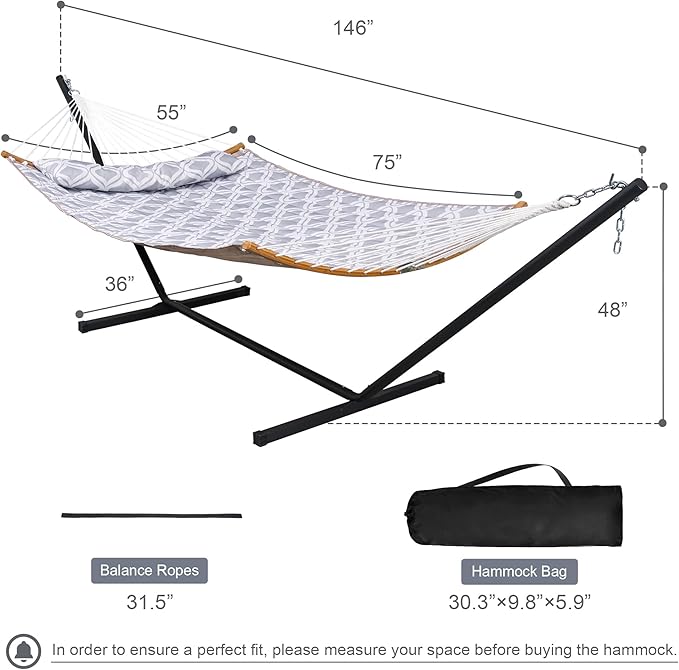 Large Hammock with 12FT Steel Stand, Freestanding Hammock with Curved Spreader Bar, Pillow and Portable Bag for Outside, Gray Ripples