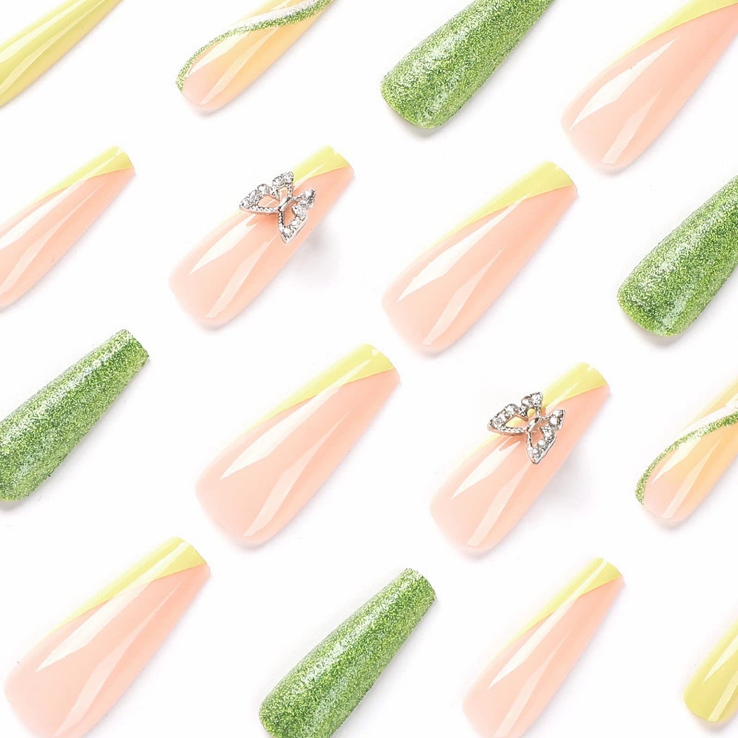 MISUD Press on Nails - Long Coffin Glue on Nails with Green, Acrylic Butterfly Rhinestone Design 24 pcs