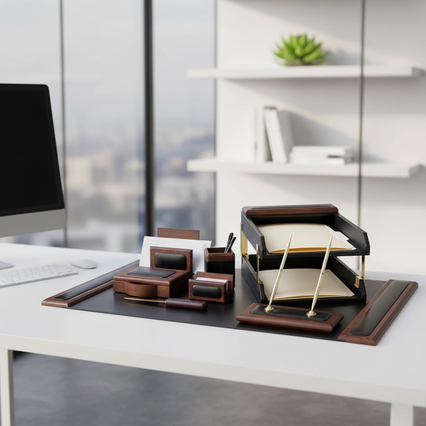Dacasso Walnut and Black Leather Desk Set, 10-Piece, 34" x 20"