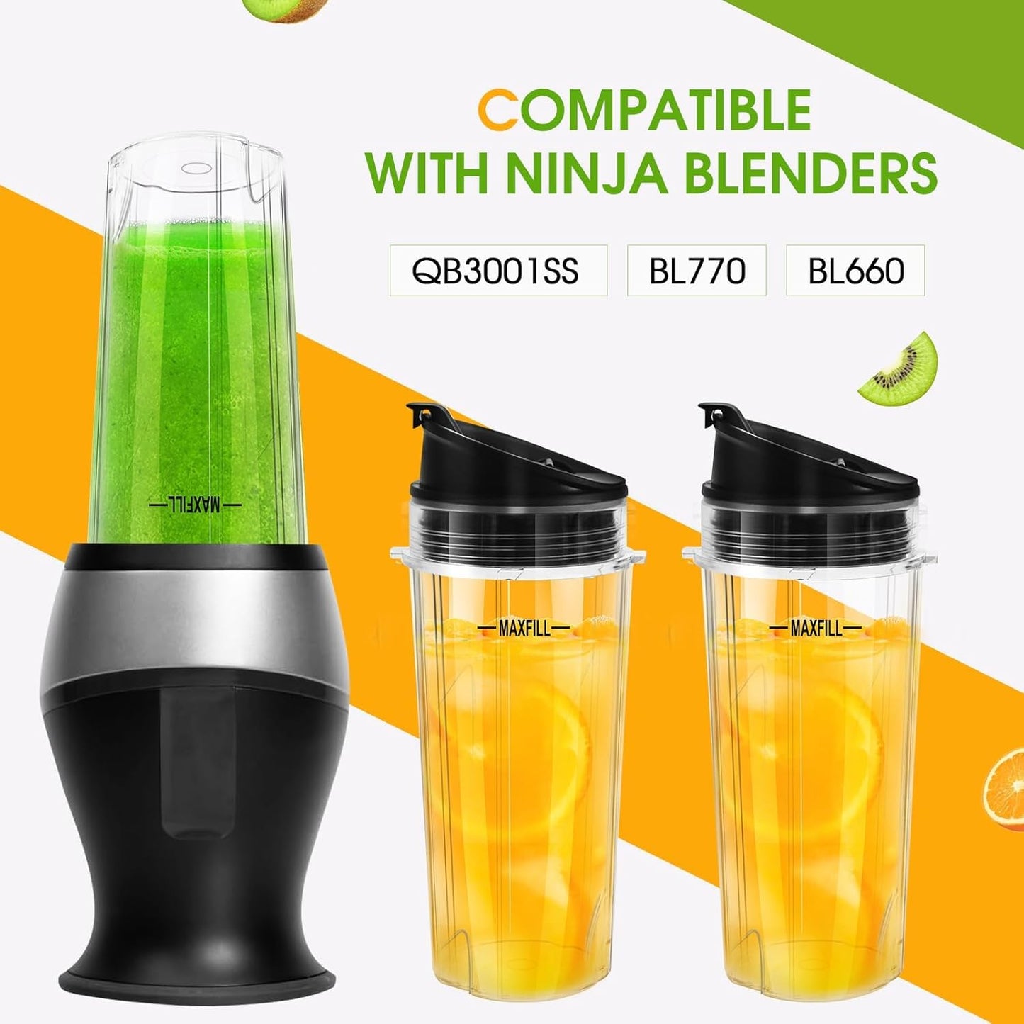 Blender 16oz Cups Replacement for Ninja - 3 Pack Ninja Blender Cups with Lids, Compatible with Ninja QB3001SS, BL770, BL780, BL660, BL740, BL810, Nutri Ninja Series Blenders