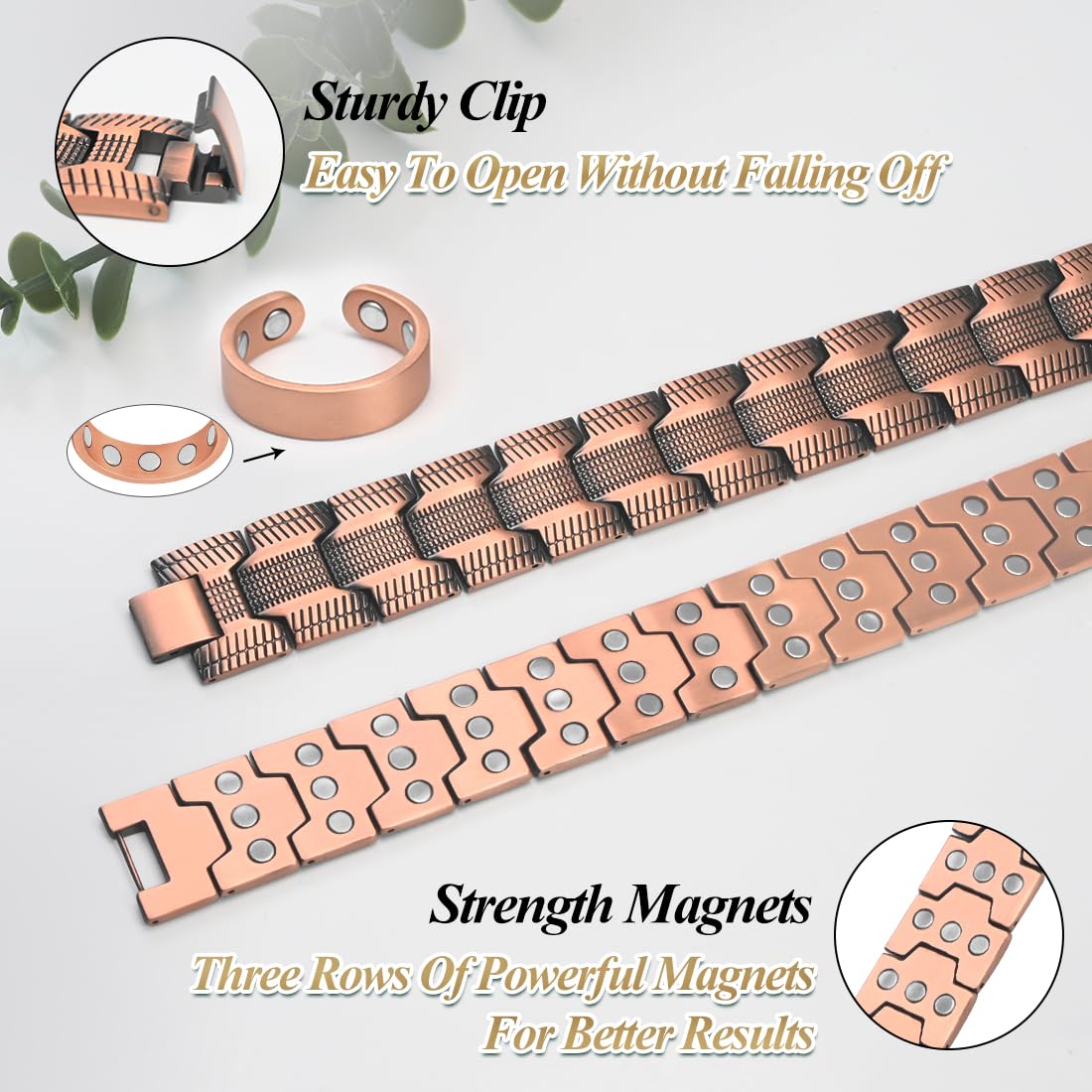 Vicmag Copper Magnetic Bracelet for Men, 3X Strength Magnets, Pure Copper Bracelet & 9X Magnet Ring Set, Adjustable Fit with Sizing Tool(Textured Copper)