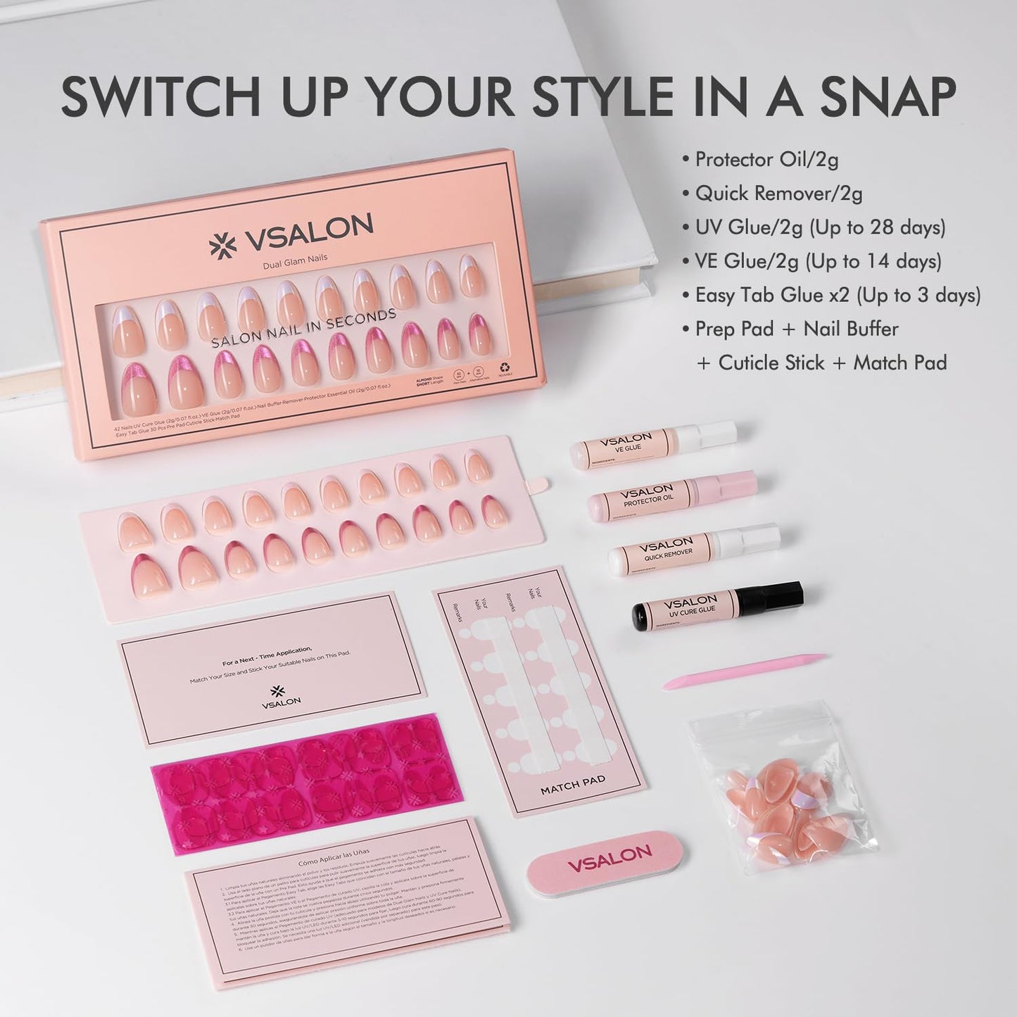 VSALON Press on Nails Short Almond - Deep Blue Cat Eye & Hot Pink & White Glazed French Tip