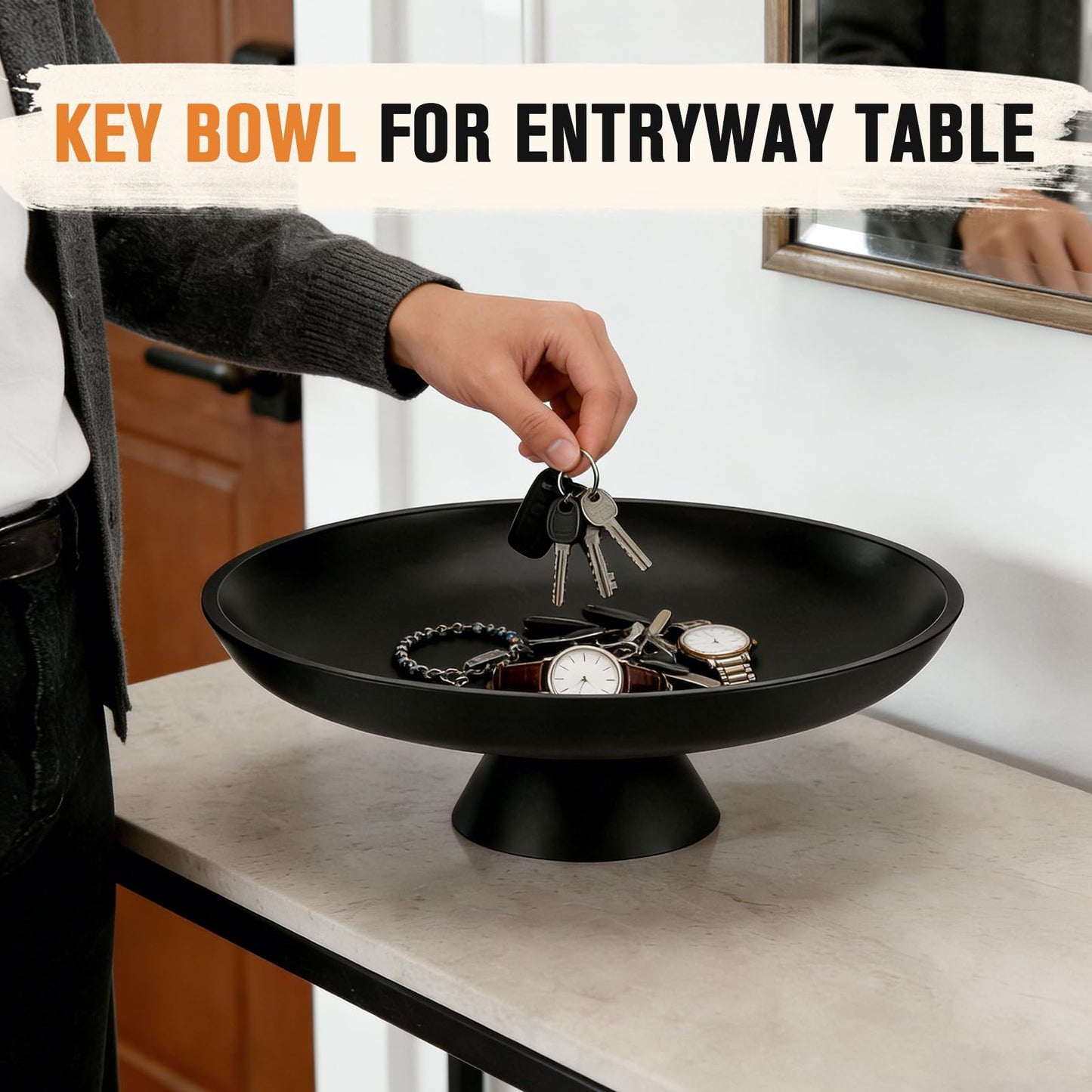 ZMCYNG Concrete Decorative Fruit Bowls for Kitchen Counter, 11" Large Decorative Bowl for Home Decor Coffee Table Centerpiece, Handcrafted Key Bowl for Entryway Table, Modern Black Pedestal Bowls
