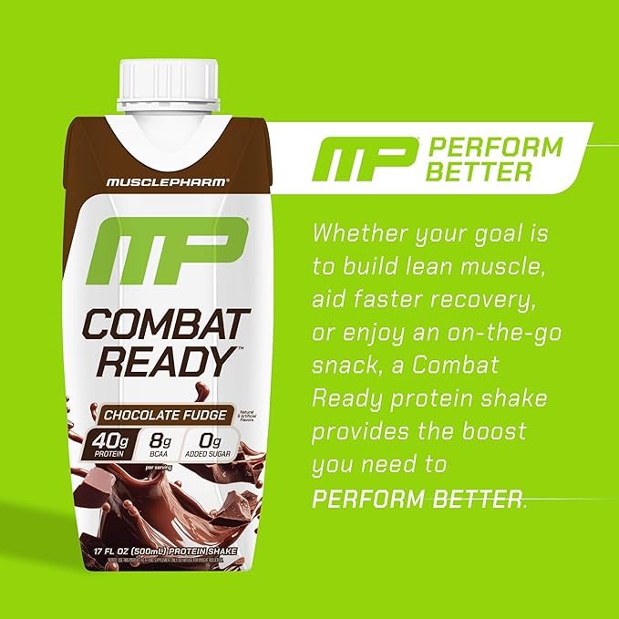 MusclePharm Combat Ready High Protein Shakes Ready to Drink, 40g Protein, 8g BCAAs, 8.7g Glutamine, 5g Fiber, No Added Sugar, Gluten Free, Chocolate Fudge, 17 Fl Oz (Pack of 12)